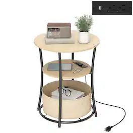 Homcom - Side Table with Charging Station, 3-Tier End Table with Fabric Storage Bag and Shelf - Natural Wood