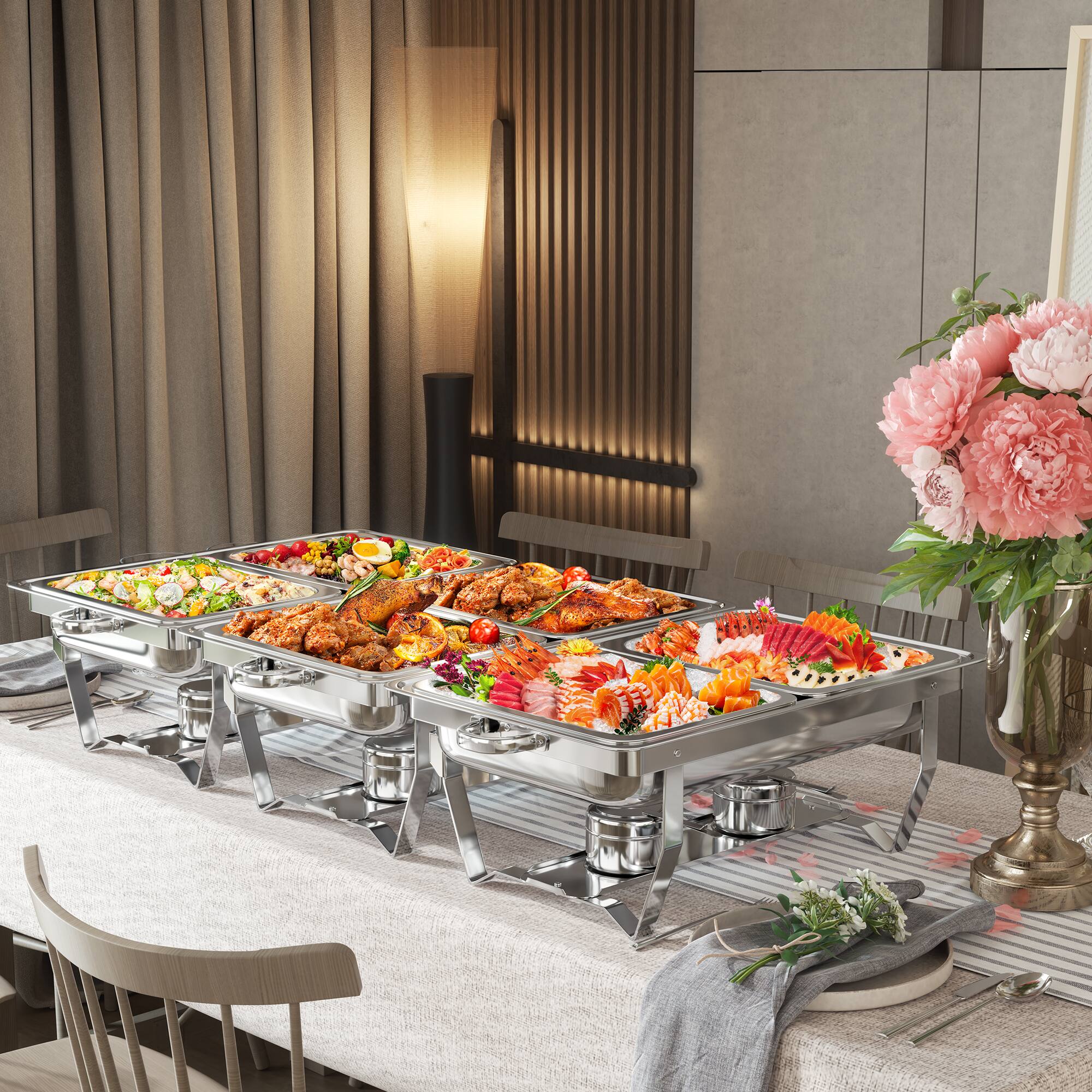 Alt View 6. Sugift - 2‑Pack 9QT Stainless Steel Chafing Dish Buffet Set with Fuel Burners and Water Pans - Silver.