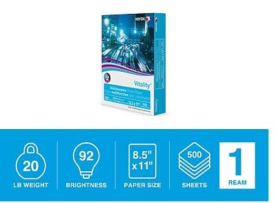 Xerox Vitality  
20 LB WEIGHT  
92 BRIGHTNESS  
8.5" x 11" PAPER SIZE  
500 SHEETS  
1 REAM