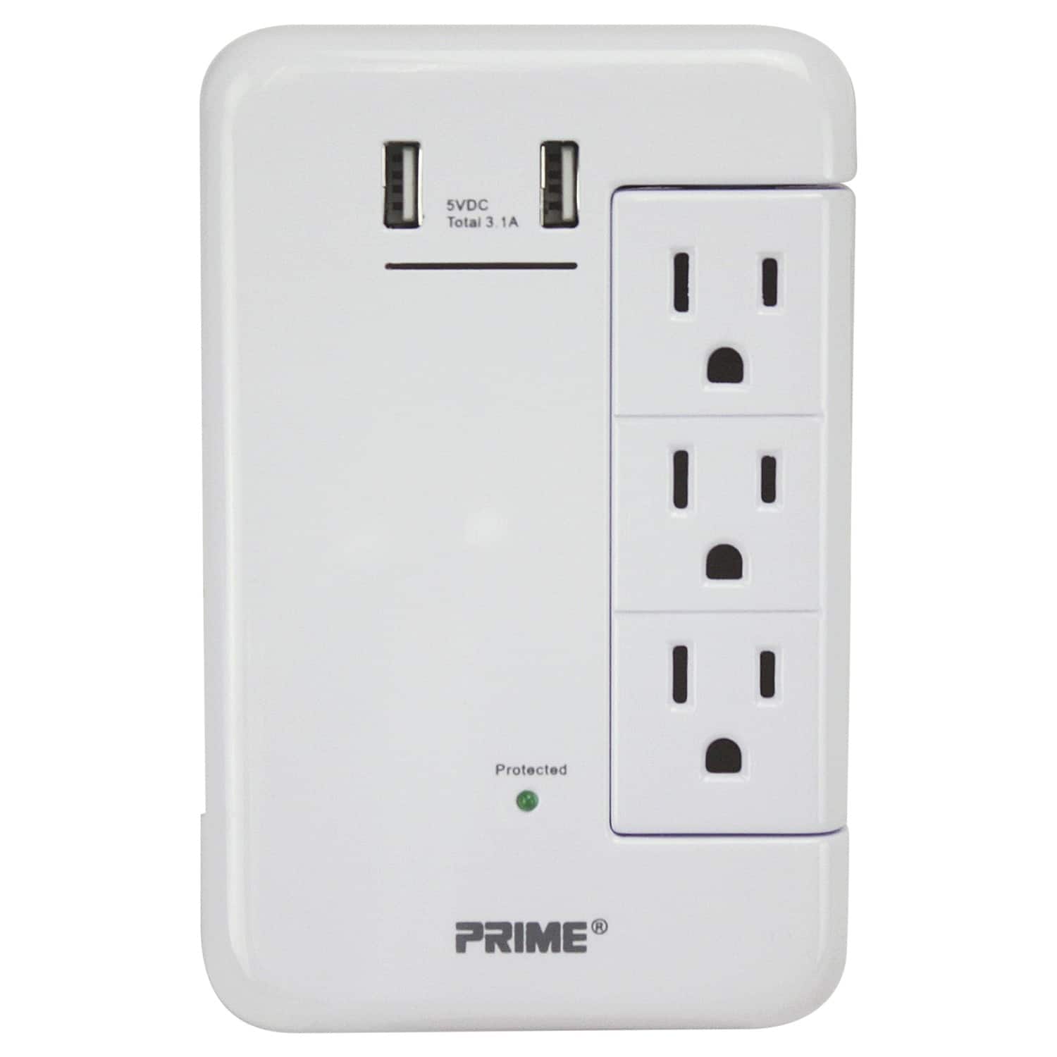 PRIME - 6-AC Swiveling Outlet 2-USB Port 1,200-Joule Surge Protector Wall Tap PBRUSB346S-A - White