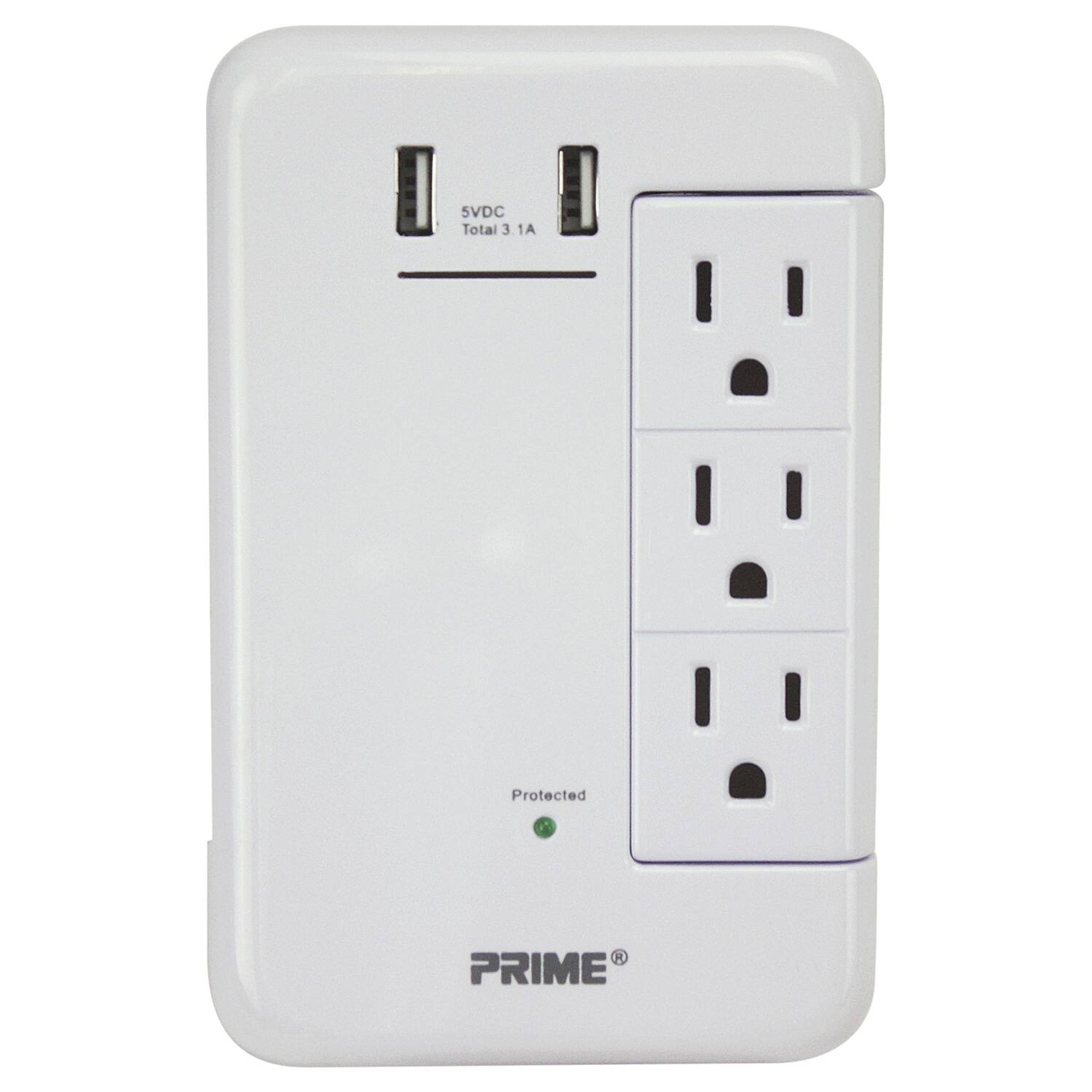 PRIME - Pbrusb346s-a 6-swiveling Ac Outlet And 2-usb Port, Surge Protector Wall Tap, Pbrusb346s-a - White