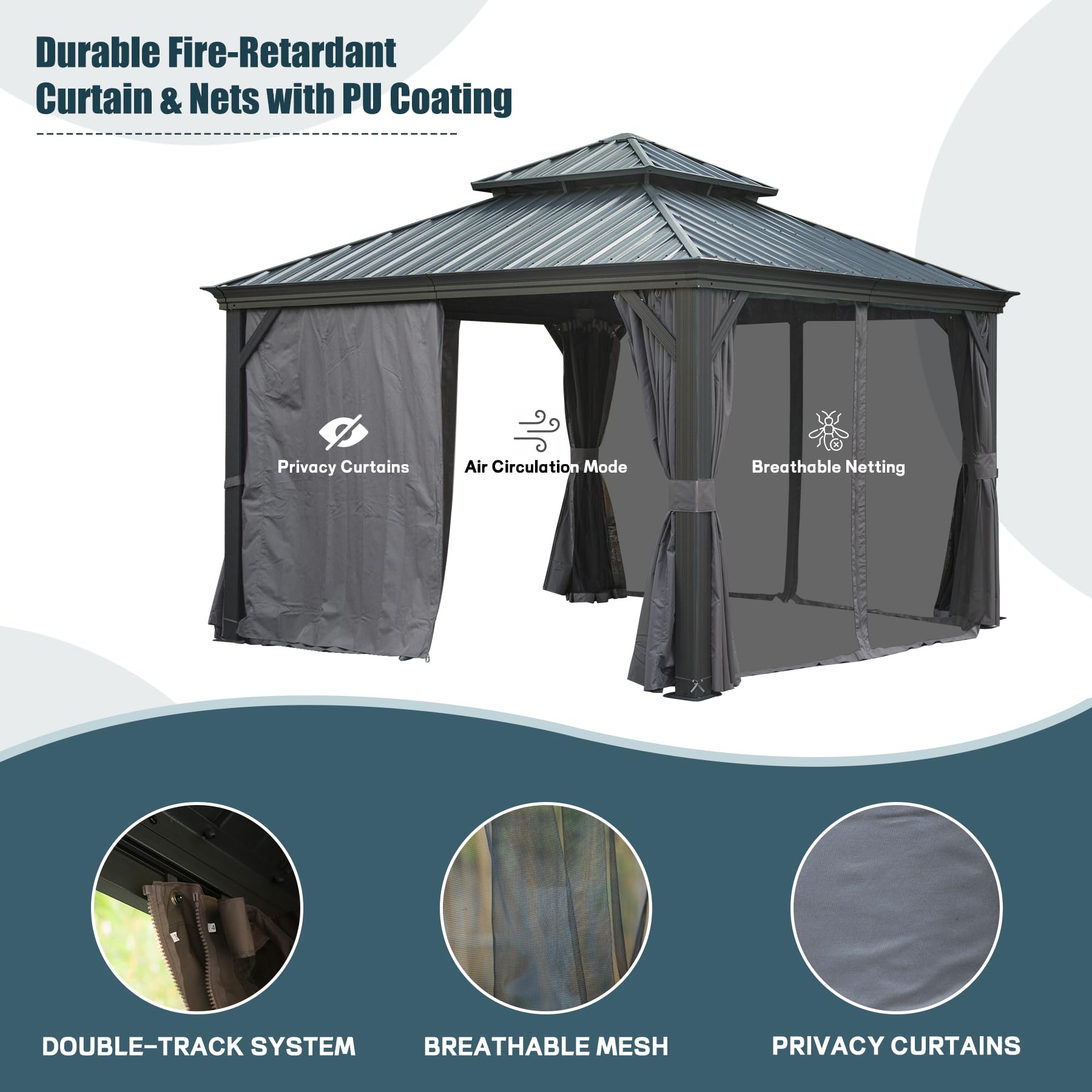 Durable Fire-Retardant Curtain & Nets with PU Coating  
Privacy Curtains  
Air Circulation Mode  
Breathable Netting  
DOUBLE-TRACK SYSTEM  
BREATHABLE MESH  
PRIVACY CURTAINS