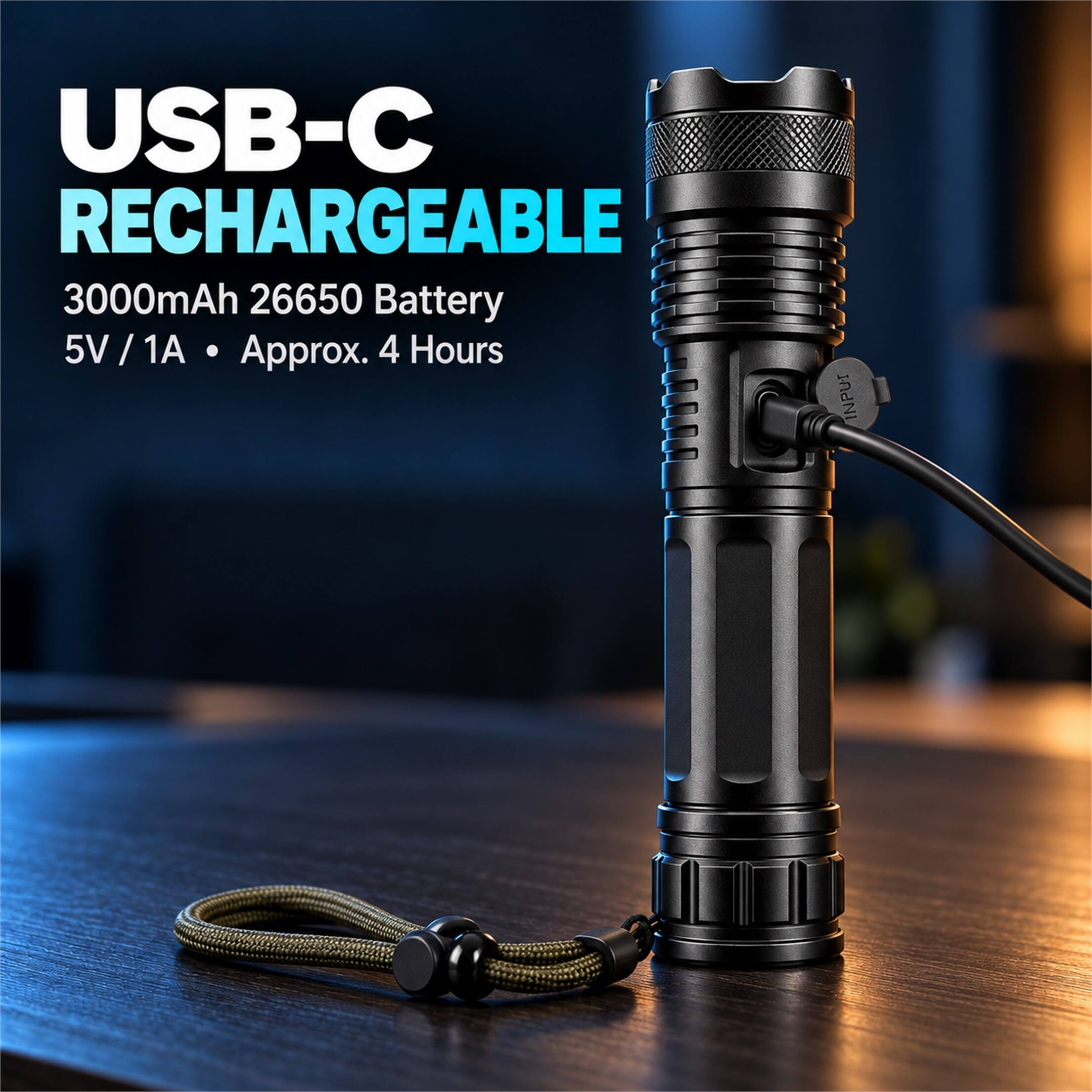 USB-C RECHARGEABLE  
3000mAh 26650 Battery  
5V / 1A • Approx. 4 Hours