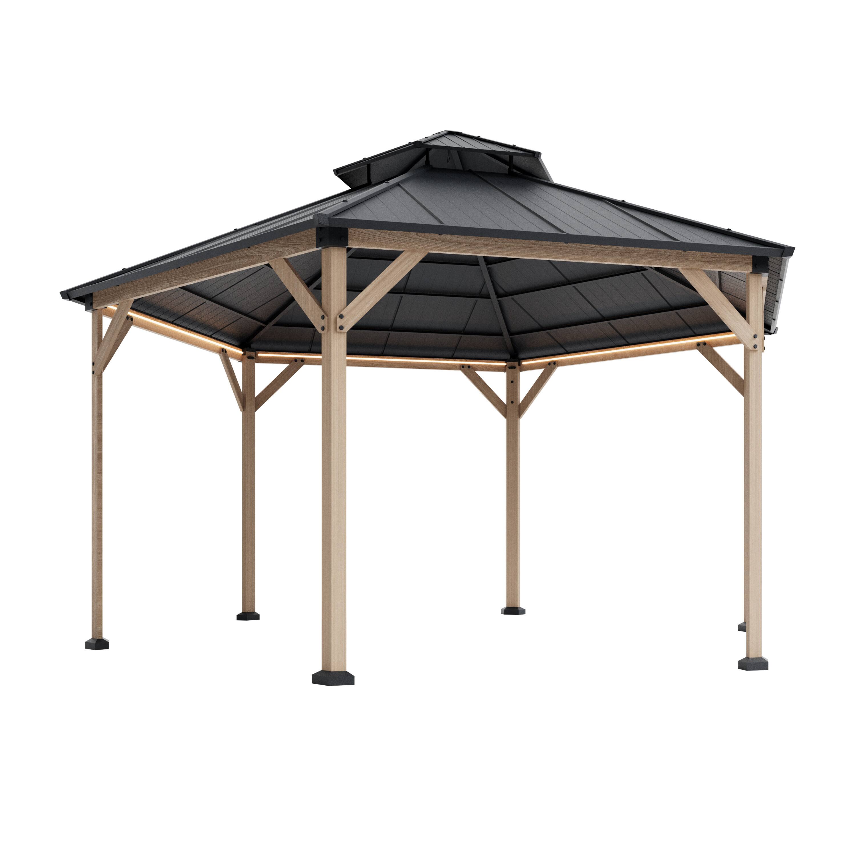 Alt View 1. Mondawe - 15Ft Hexagon Hardtop Gazebo with Solar LED Light and Metal Roof - Gray.