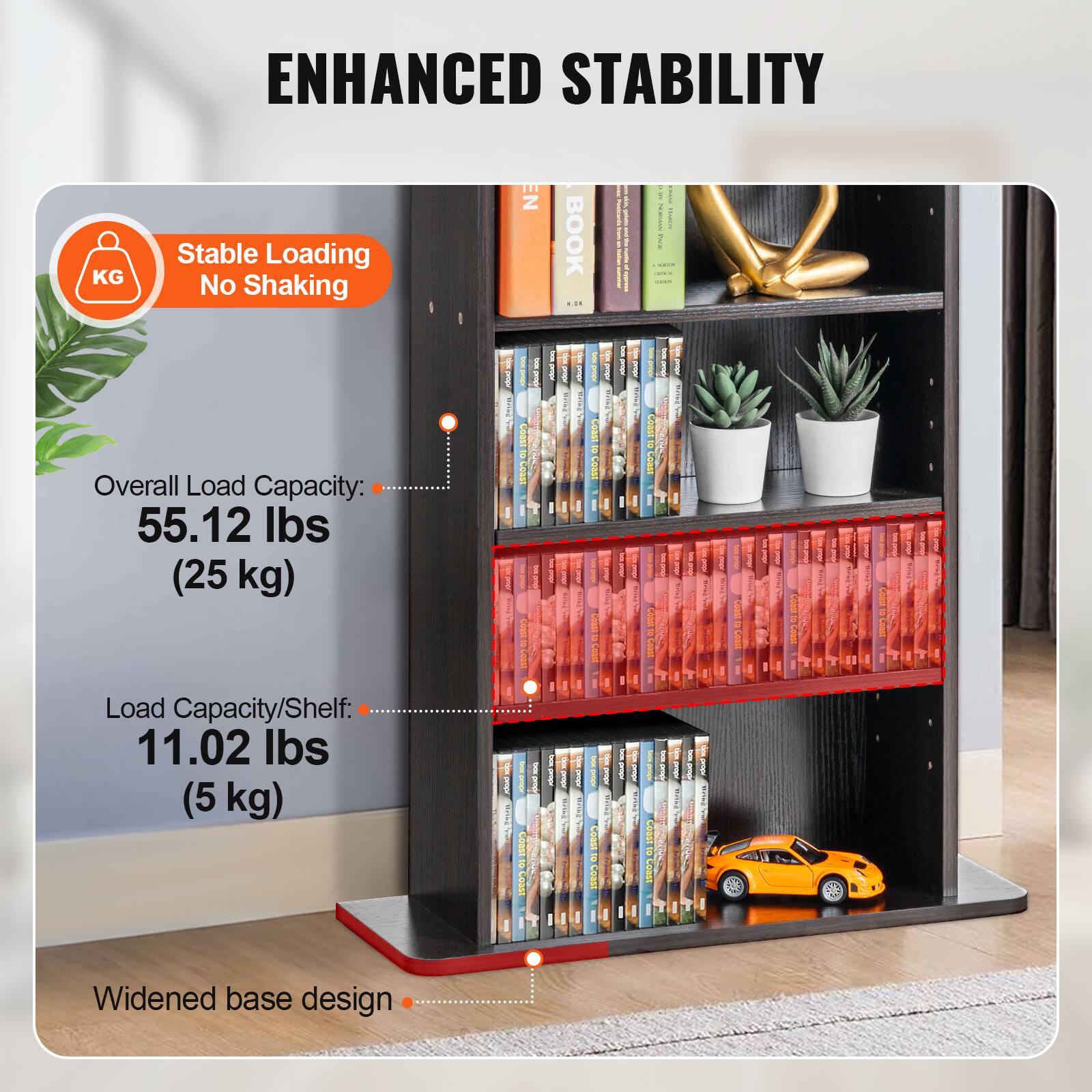 ENHANCED STABILITY

Stable Loading No Shaking

Overall Load Capacity: 55.12 lbs (25 kg)

Load Capacity/Shelf: 11.02 lbs (5 kg)

Widened base design