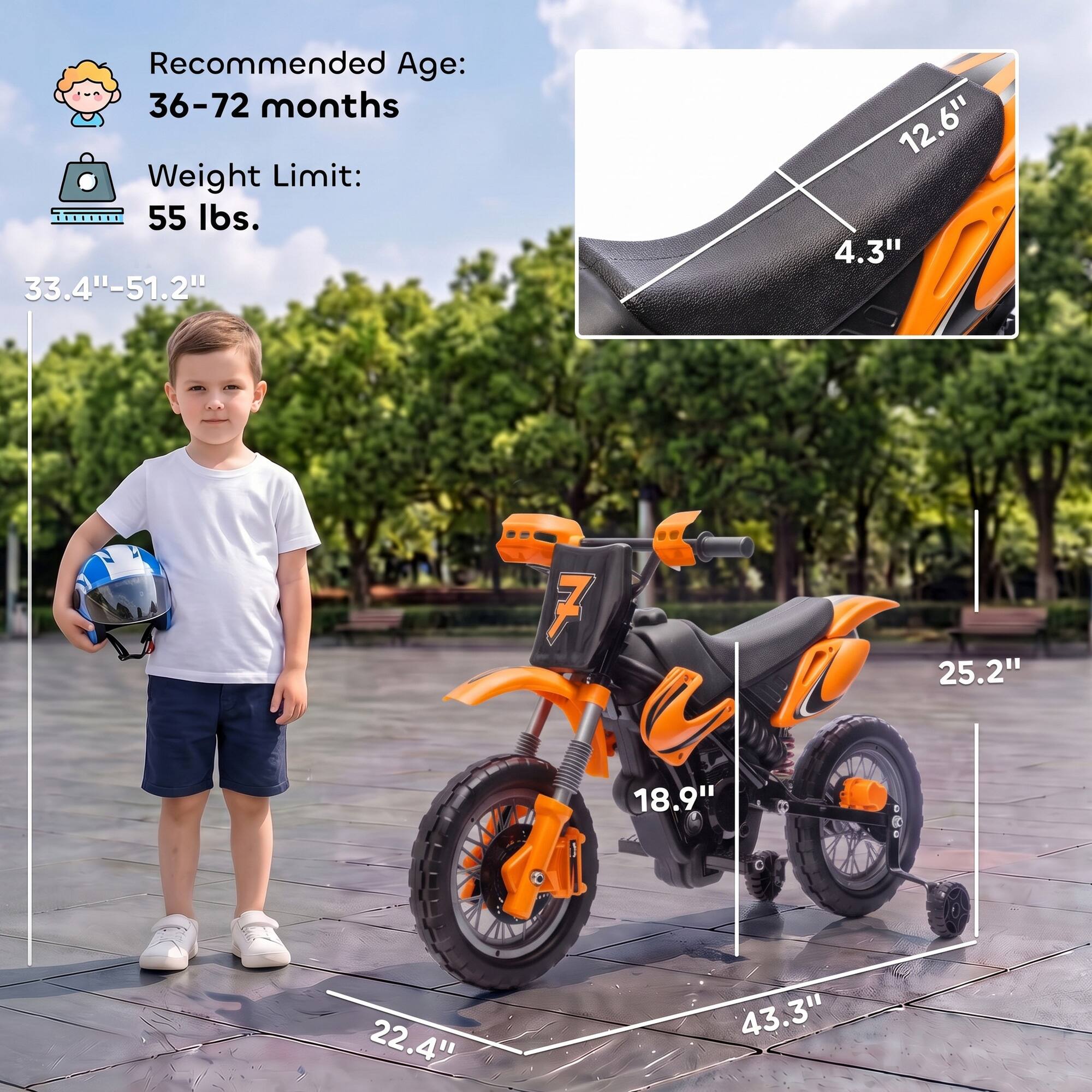 Recommended Age: 36-72 months  
Weight Limit: 55 lbs.  
33.4"-51.2"  
12.6" 4.3"  
25.2"  
18.9"  
22.4"  
43.3"