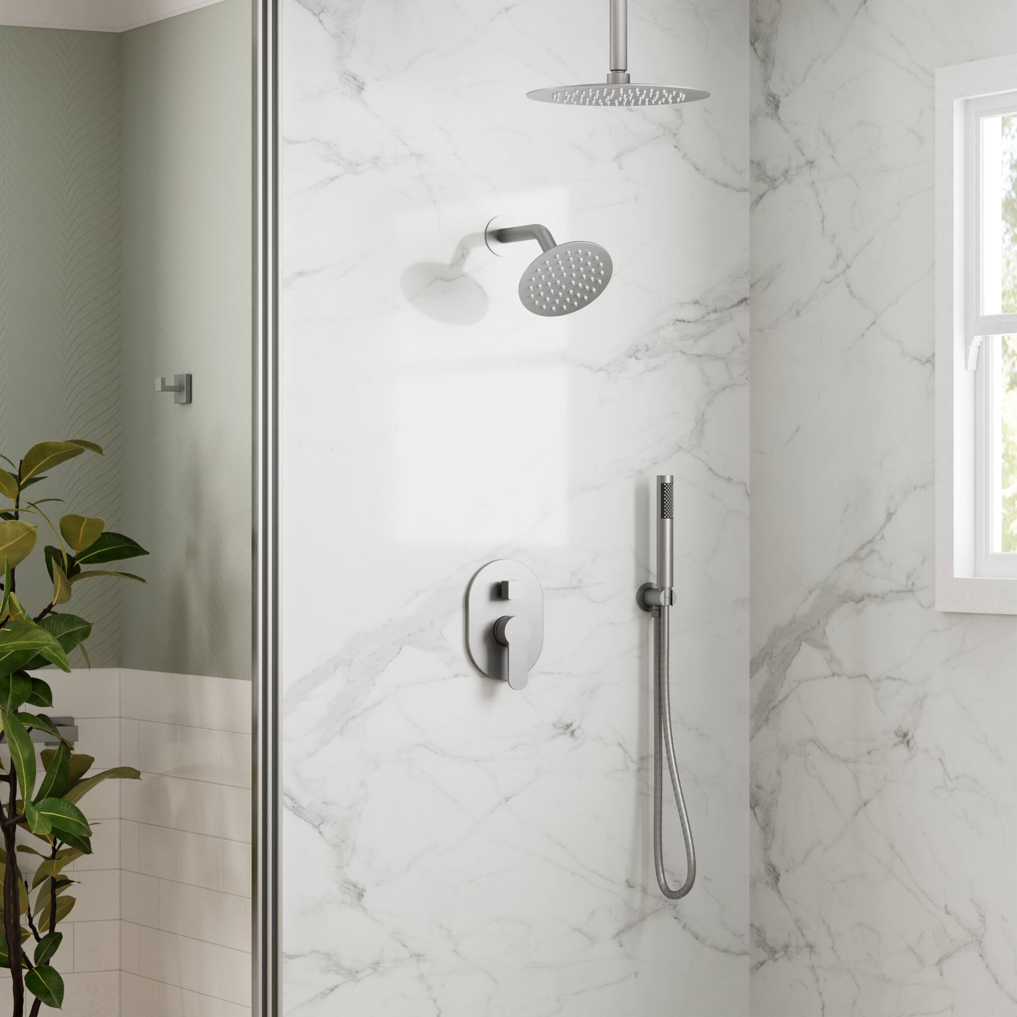 Angle. GRANDJOY - Dual Shower Head System with 10" Rainfall Head, Handheld Sprayer and Adjustable Slide Bar - Brushed Nickel.