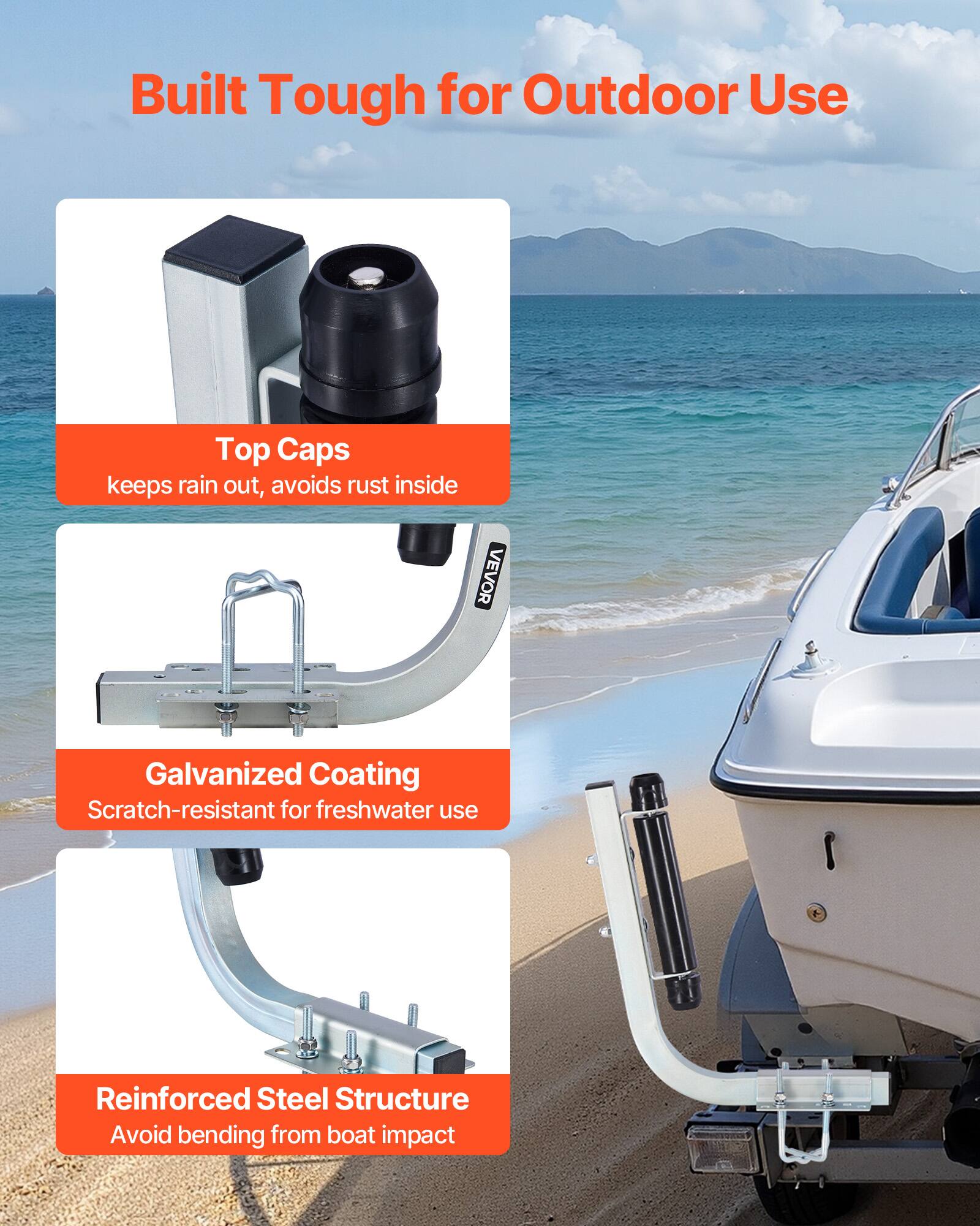 Built Tough for Outdoor Use

Top Caps
keeps rain out, avoids rust inside

Galvanized Coating
Scratch-resistant for freshwater use

Reinforced Steel Structure
Avoid bending from boat impact