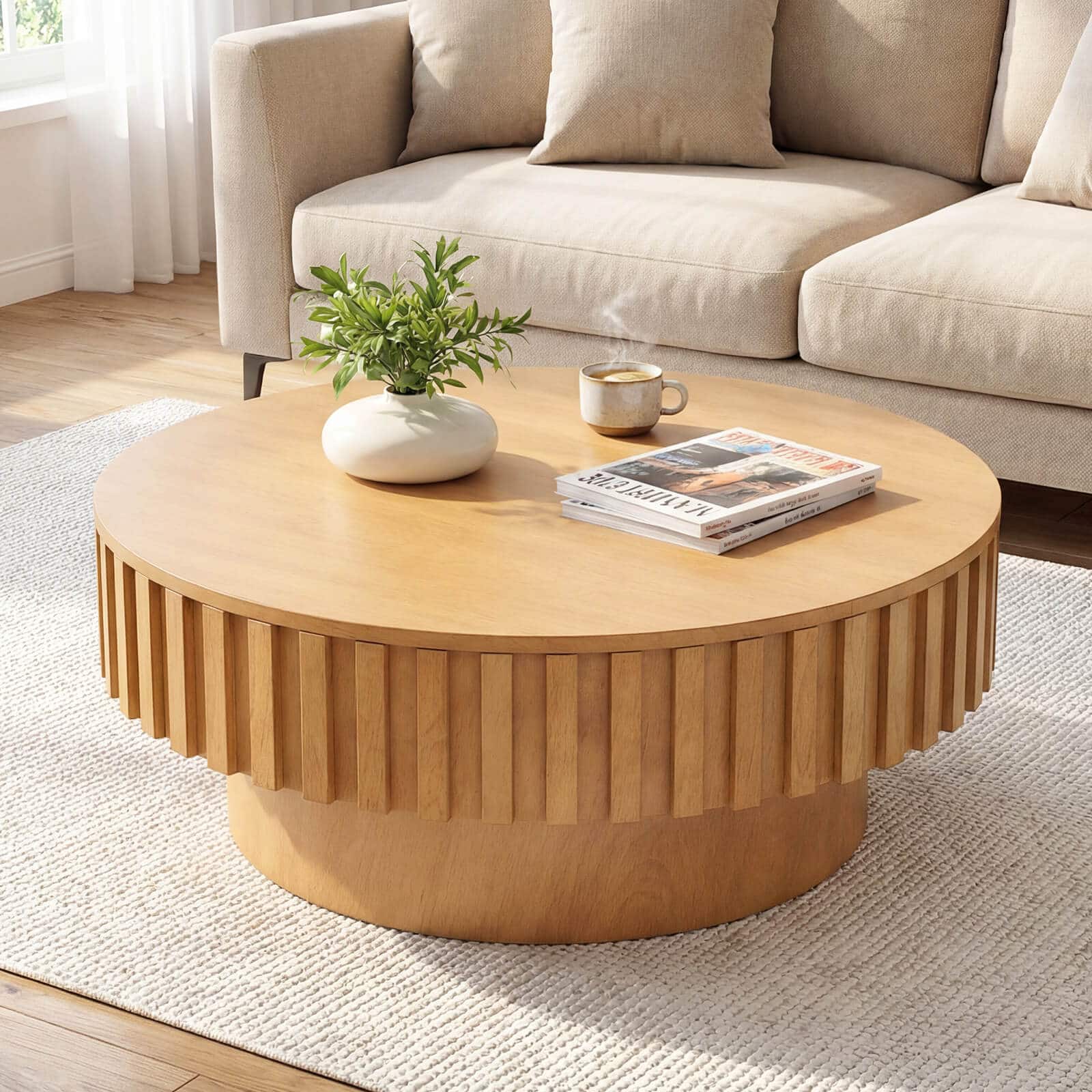 Costway - Round Coffee Table with Storage, Wooden Drum Coffee Table with Hidden Compartment - Natural