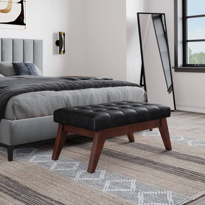 Alt View 3. Lumina Wise - Distressed Black Leather Tufted Ottoman Bench - Black.