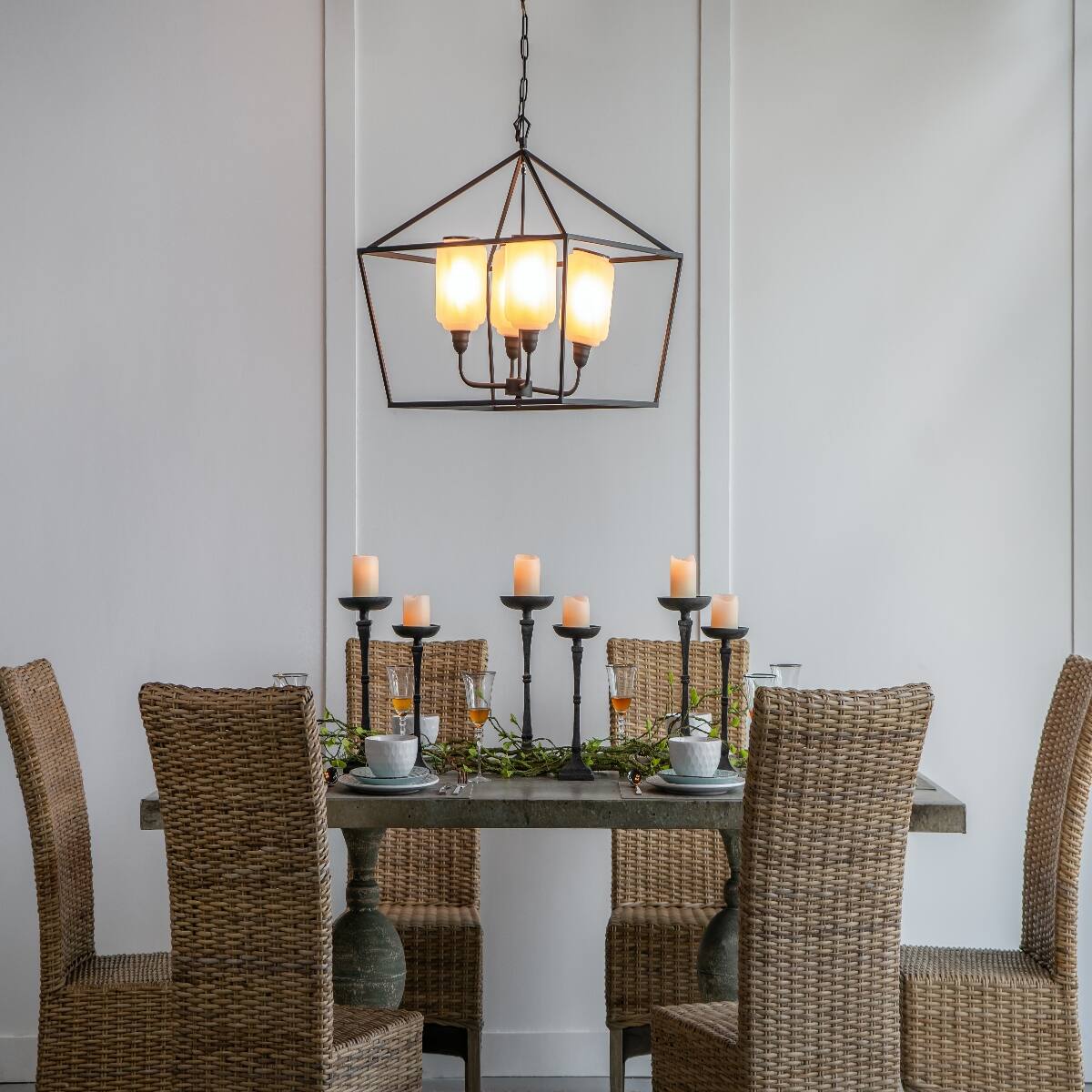 Alt View 1. Loheer - Loheer Black Iron Chandelier, Rectangle Glass Shade Industrial Hanging Light Fixture for Dining Room.