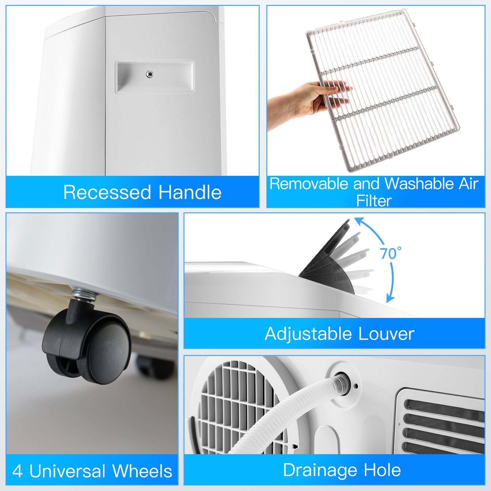 - Recessed Handle
- Removable and Washable Air Filter
- 70° Adjustable Louver
- 4 Universal Wheels
- Drainage Hole