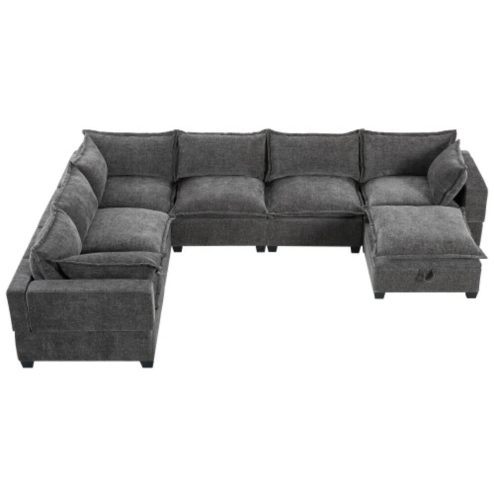 Alt View 6. LUCKY ONE - 117.5" Modular U-Shaped 7-Seat Chenille Sectional Sofa w/ Movable Storage Ottoman - Gray.