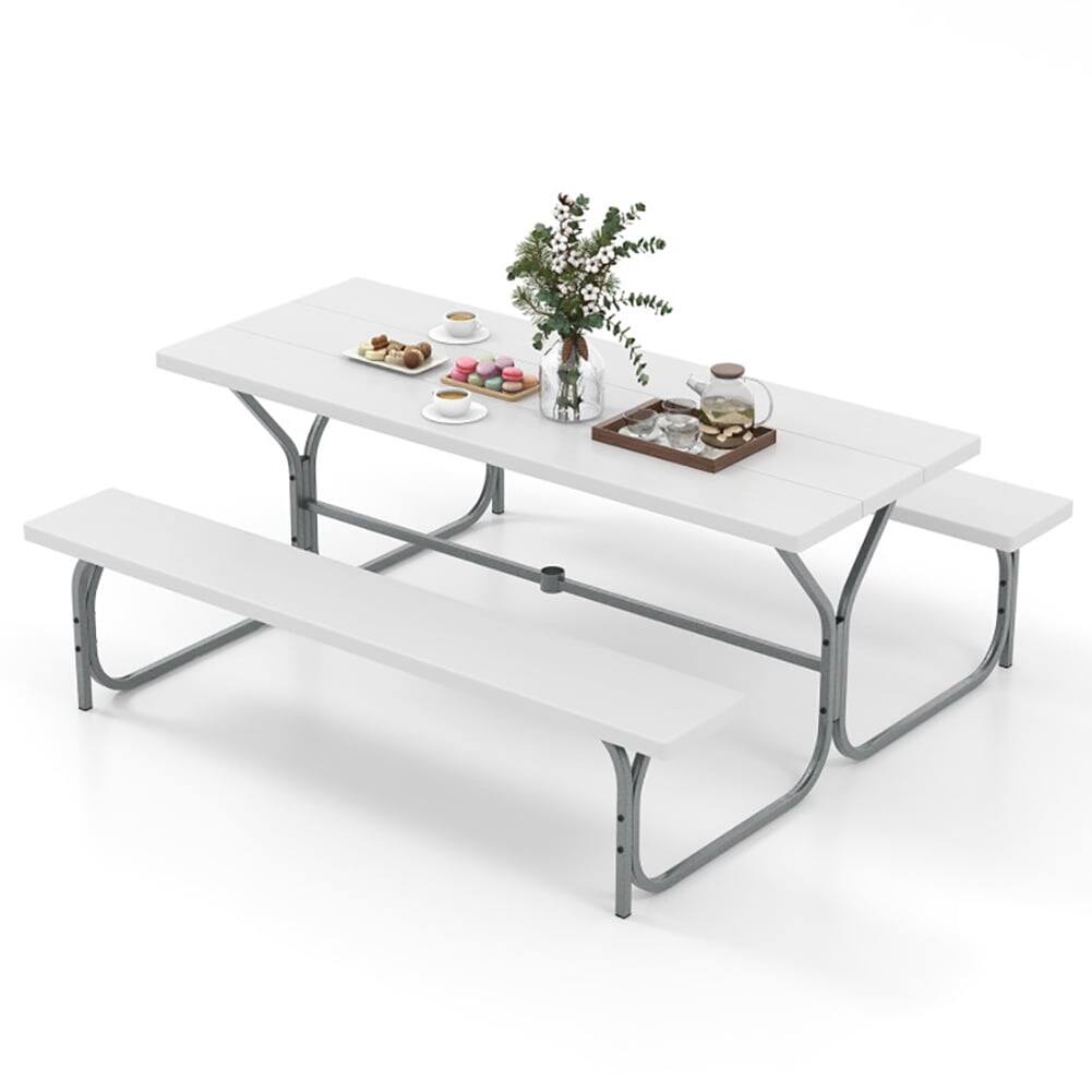 Alt View 2. Kadyn - 6 FT Picnic Table Bench Set Dining Table and 2 Benches with Metal Frame and HDPE Tabletop-White for Patio Back Deck - Black.