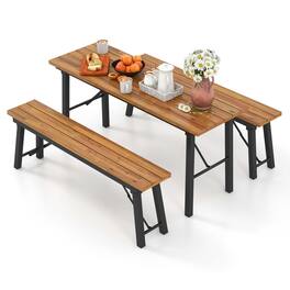 Costway - Folding Picnic Table & Bench Set Dining Table with Metal Frame for 4 or 6 Persons - Natural
