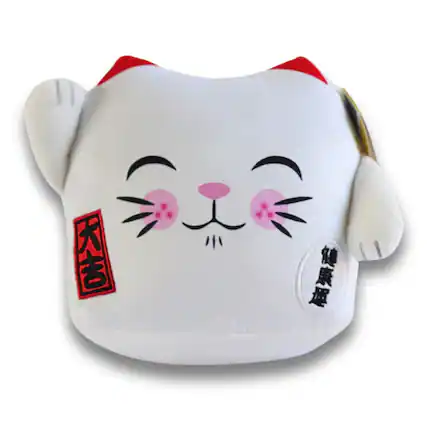 Front. Maneki Neko - Maneki Neko Printed Cushion Soft Velboa 8 inch / 20cm x 21cm White Closed Eye.