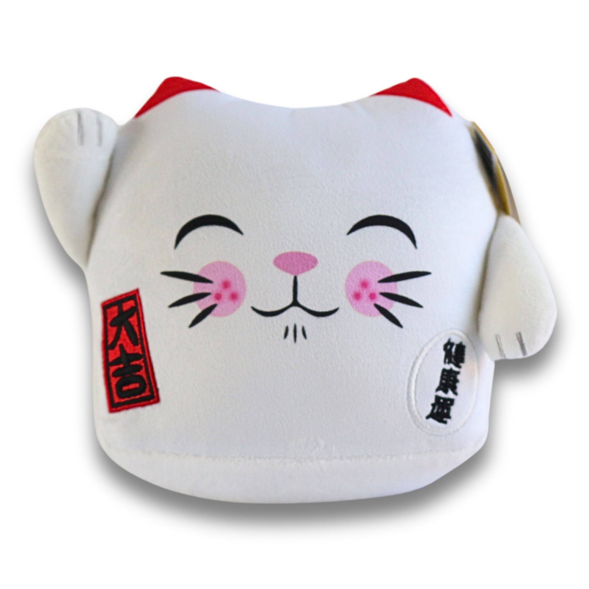 Front. Maneki Neko - Maneki Neko Printed Cushion Soft Velboa 8 inch / 20cm x 21cm White Closed Eye.