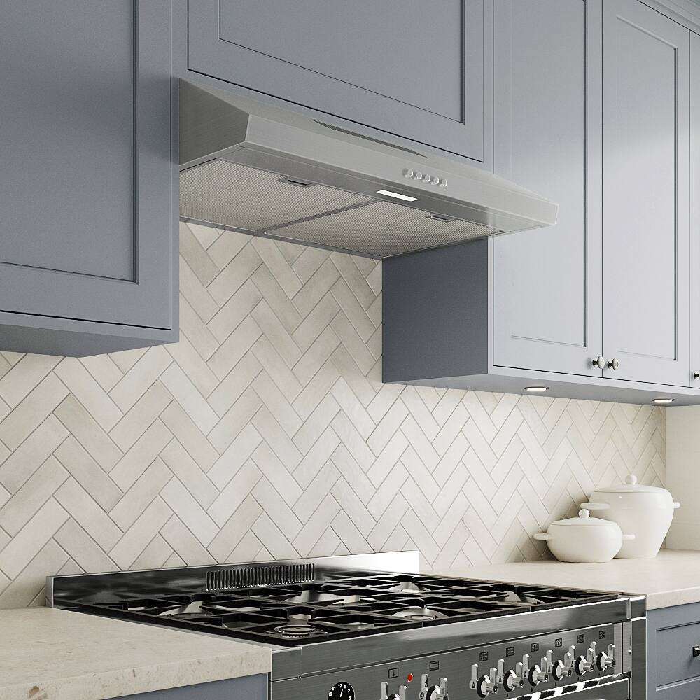 Back. Streamline - 30 in. Valmorea Ductless Undermount 80 CFM Range Hood, Mesh Filters, Push Button Control, LED Light - Brushed Stainless Steel.