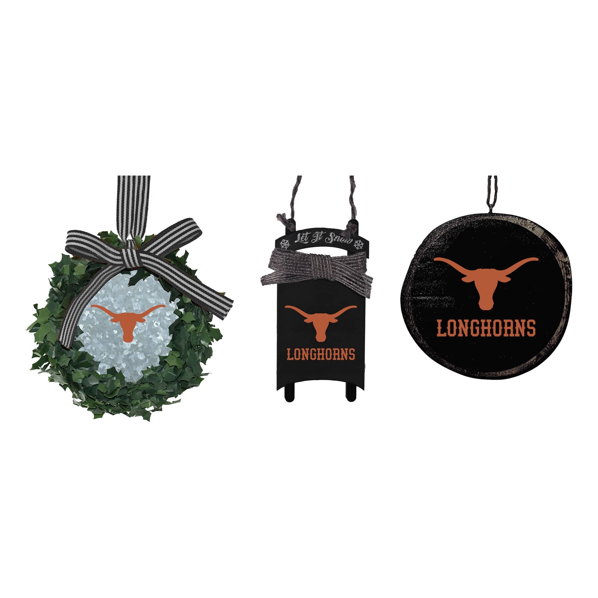 The Memory Company - Texas Longhorns Three-Pack Wreath, Sled & Circle Ornament Set - Burnt Orange