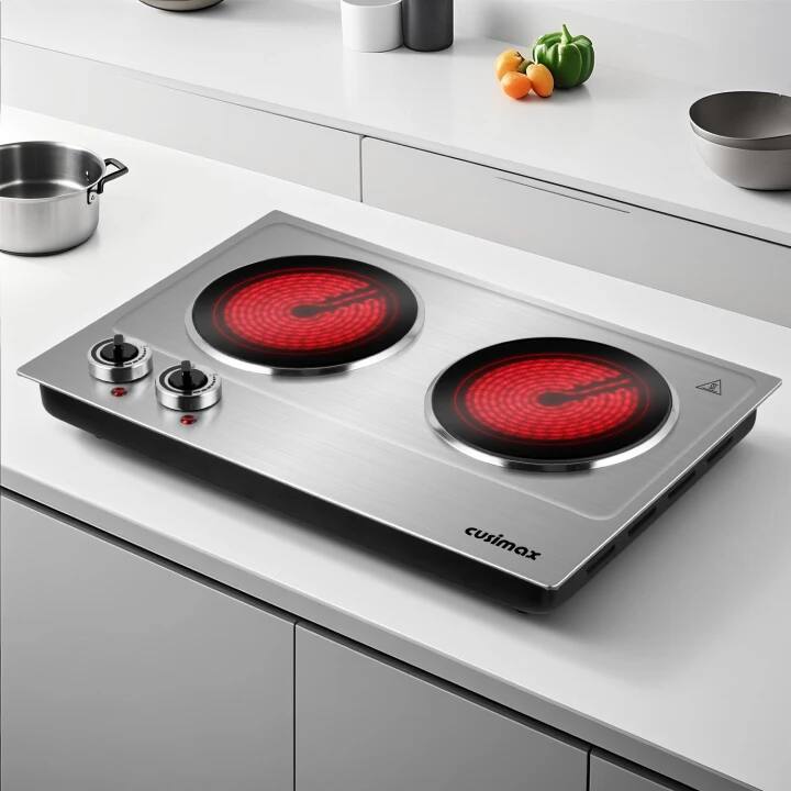 Angle. Cusimax - 1800W  Electric Portable Countertop Infrared Ceramic Glass 2 Knob Control Easy Clean For Home Apt Dorm - Silver.