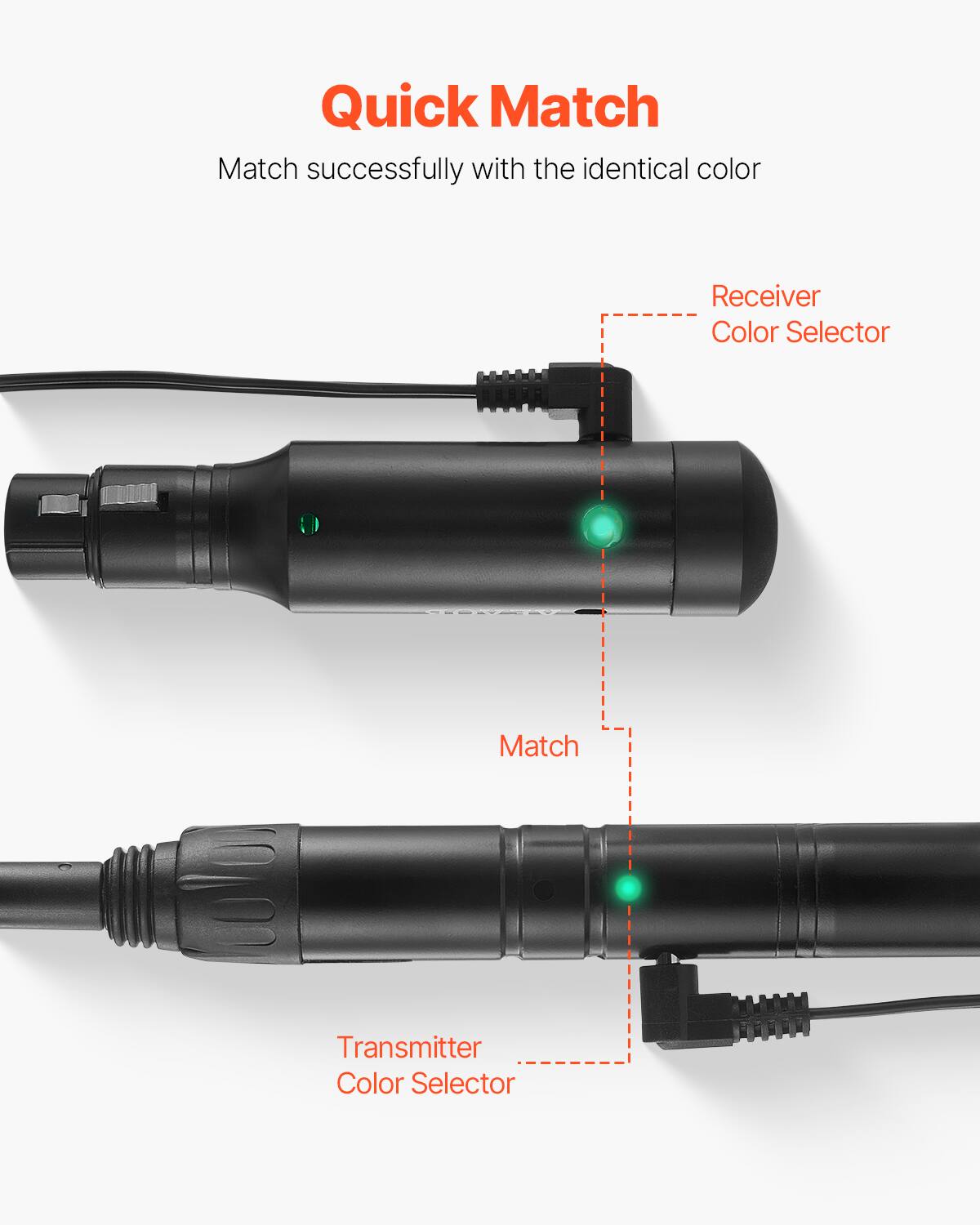 Quick Match  
Match successfully with the identical color  

Receiver Color Selector  
Transmitter Color Selector