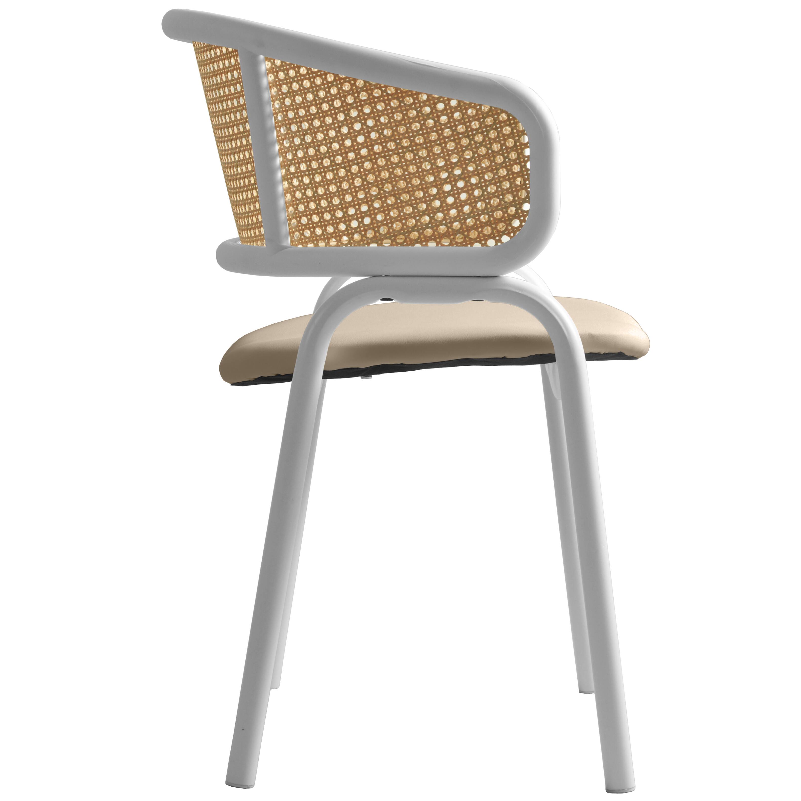 Alt View 4. LeisureMod - Ervilla Modern Rattan Dining Chair, Leather Upholstered Kitchen Side Accent Chair with White Metal Frame - Taupe.