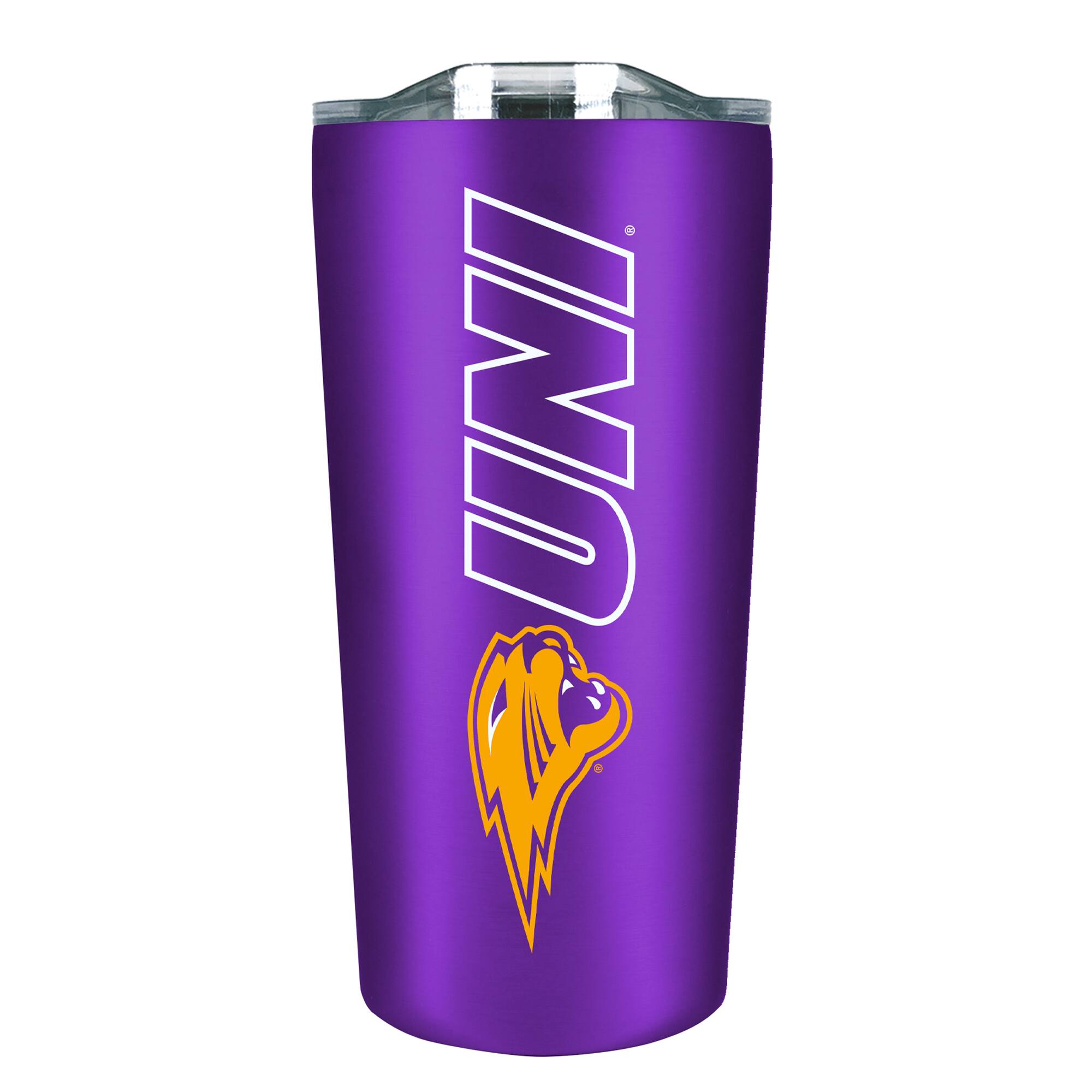 Front. The Fanatic Group - Northern Iowa Panthers 18oz. Stainless Steel Soft Touch Tumbler - Multicolor.