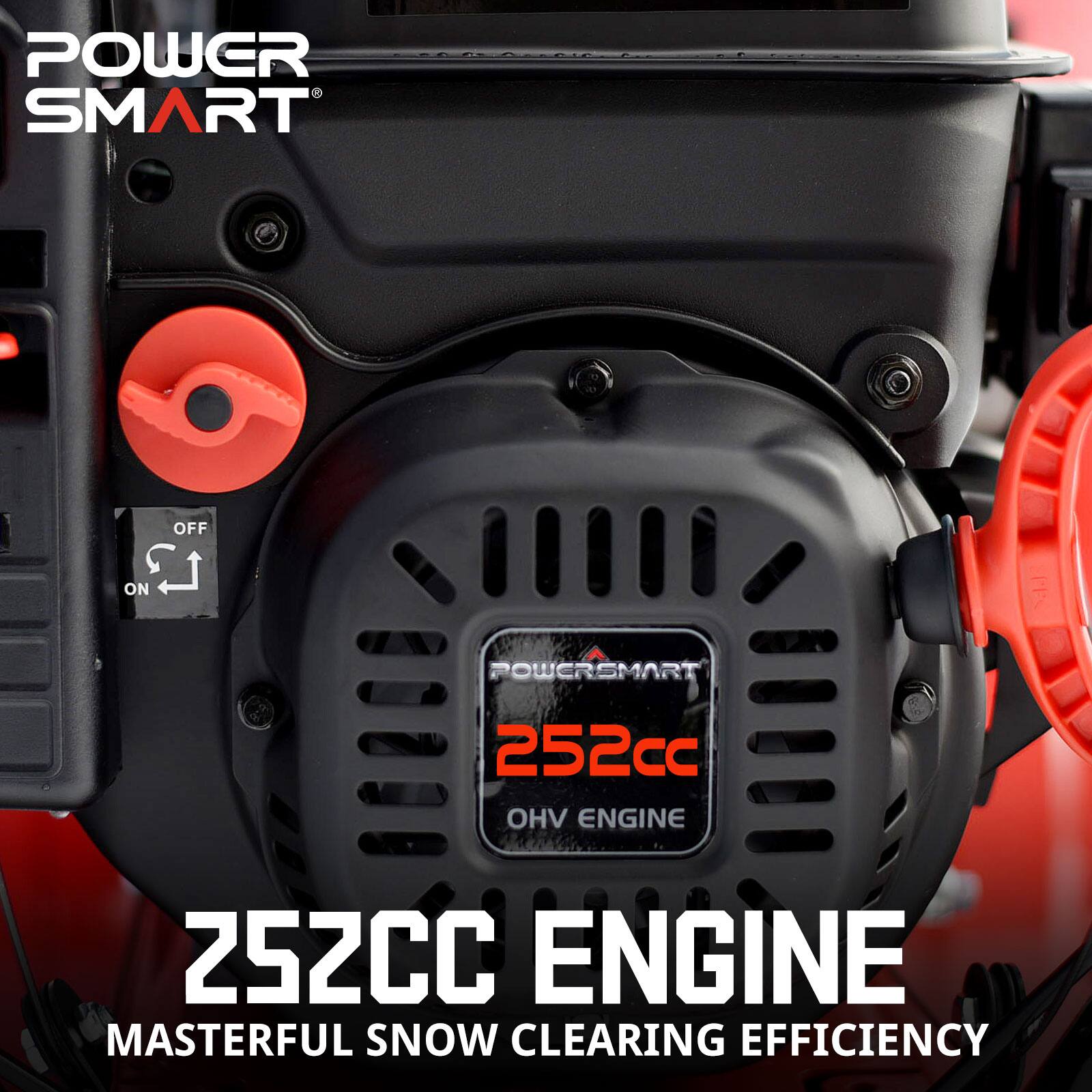 POWER SMART  
OFF  
ON  
POWERSMART  
252cc OHV ENGINE  
252CC ENGINE  
MASTERFUL SNOW CLEARING EFFICIENCY