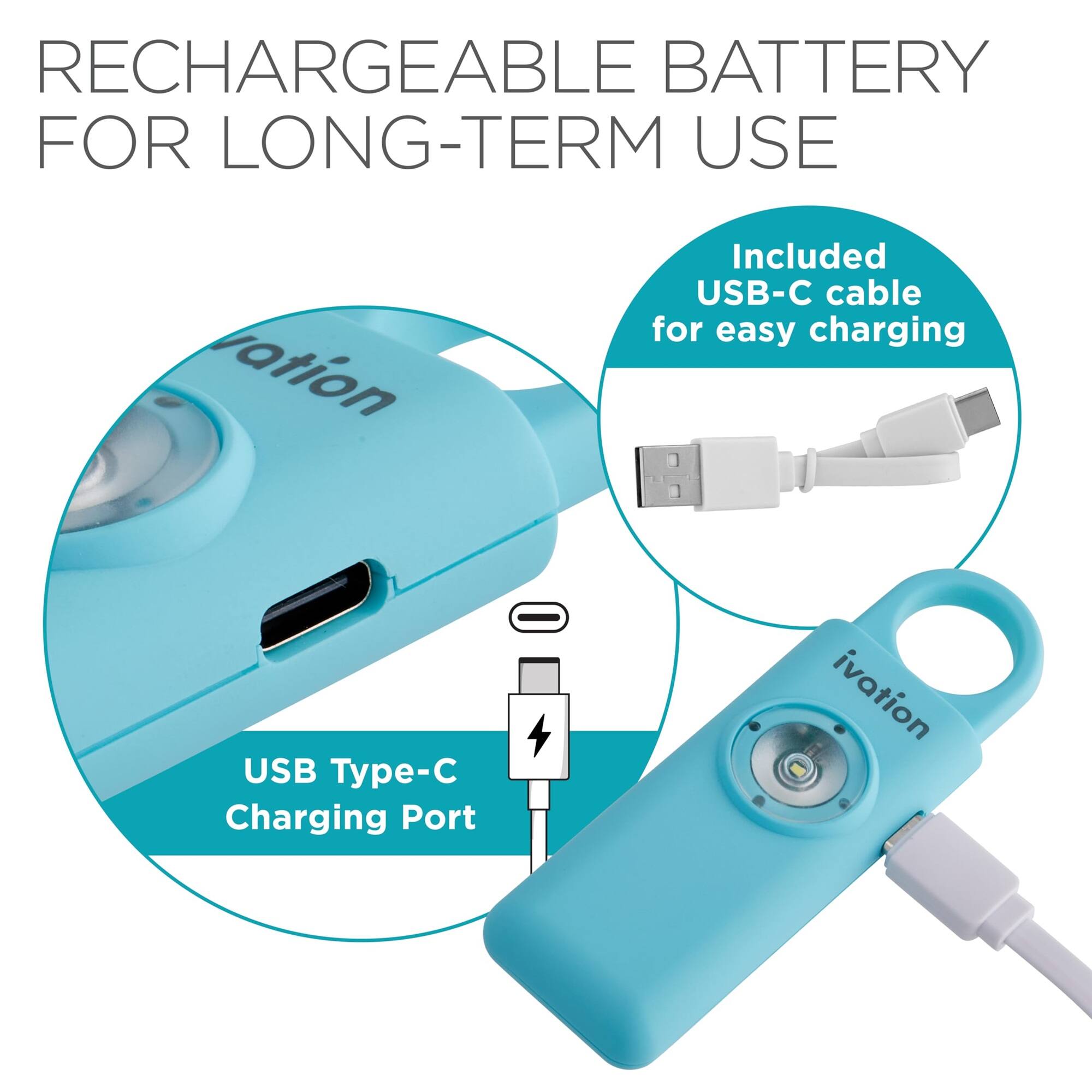 RECHARGEABLE BATTERY FOR LONG-TERM USE, Included USB-C cable for easy charging, USB Type-C Charging Port, ivation