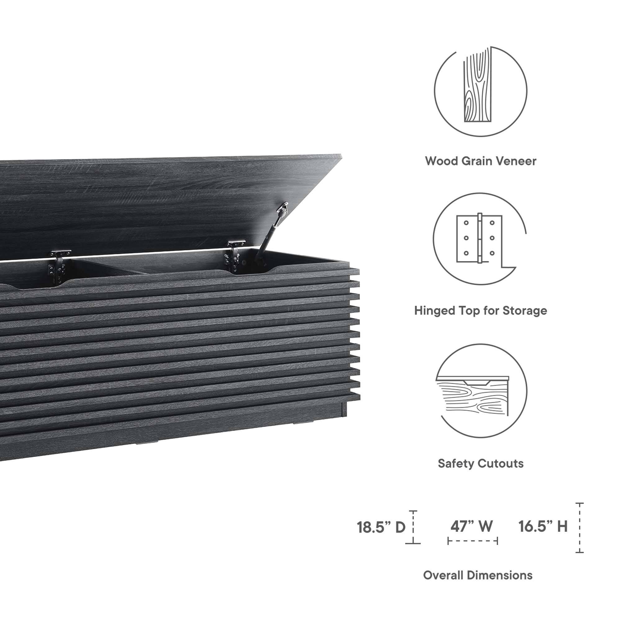 Wood Grain Veneer  
Hinged Top for Storage  
Safety Cutouts  

Overall Dimensions:  
18.5" D x 47" W x 16.5" H