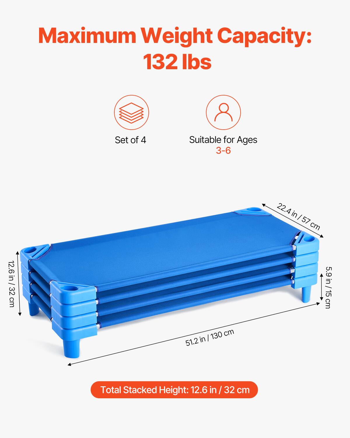 Maximum Weight Capacity: 132 lbs

Set of 4

Suitable for Ages 3-6

Total Stacked Height: 12.6 in / 32 cm

Dimensions:
- Length: 51.2 in / 130 cm
- Width: 22.4 in / 57 cm
- Height: 5.9 in / 15 cm