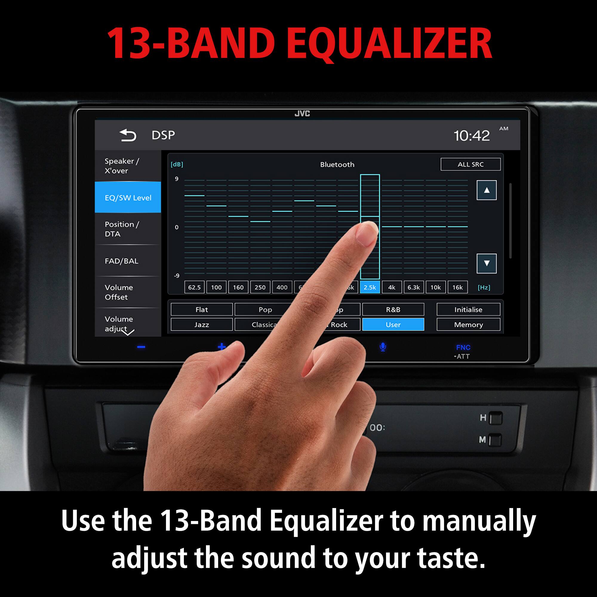 13-BAND EQUALIZER

Use the 13-Band Equalizer to manually adjust the sound to your taste.

DSP
Speaker / X'over [dB] 9
EQ/SW Level Position / DTA
FAD/BAL
Volume Offset Volume adjust
62.5 100 160 250 400
2.5k 4k 6.3k 10k 16k [Hz]
Bluetooth ALL SRC
EQ/SW Level
Flat Jazz Pop Classic R&B Rock User
Initialise Memory
FNC -ATT
00: H M