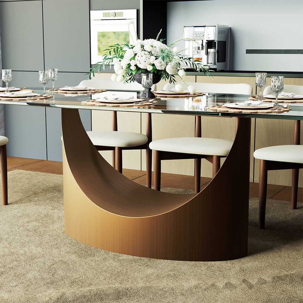 Alt View 4. POVISON - 71" Modern Glass  Long Dining Table for 6, Transparent Glass for Kitchen, Bronze Stainless Steel Pedestal Kitchen Table - Transparent.