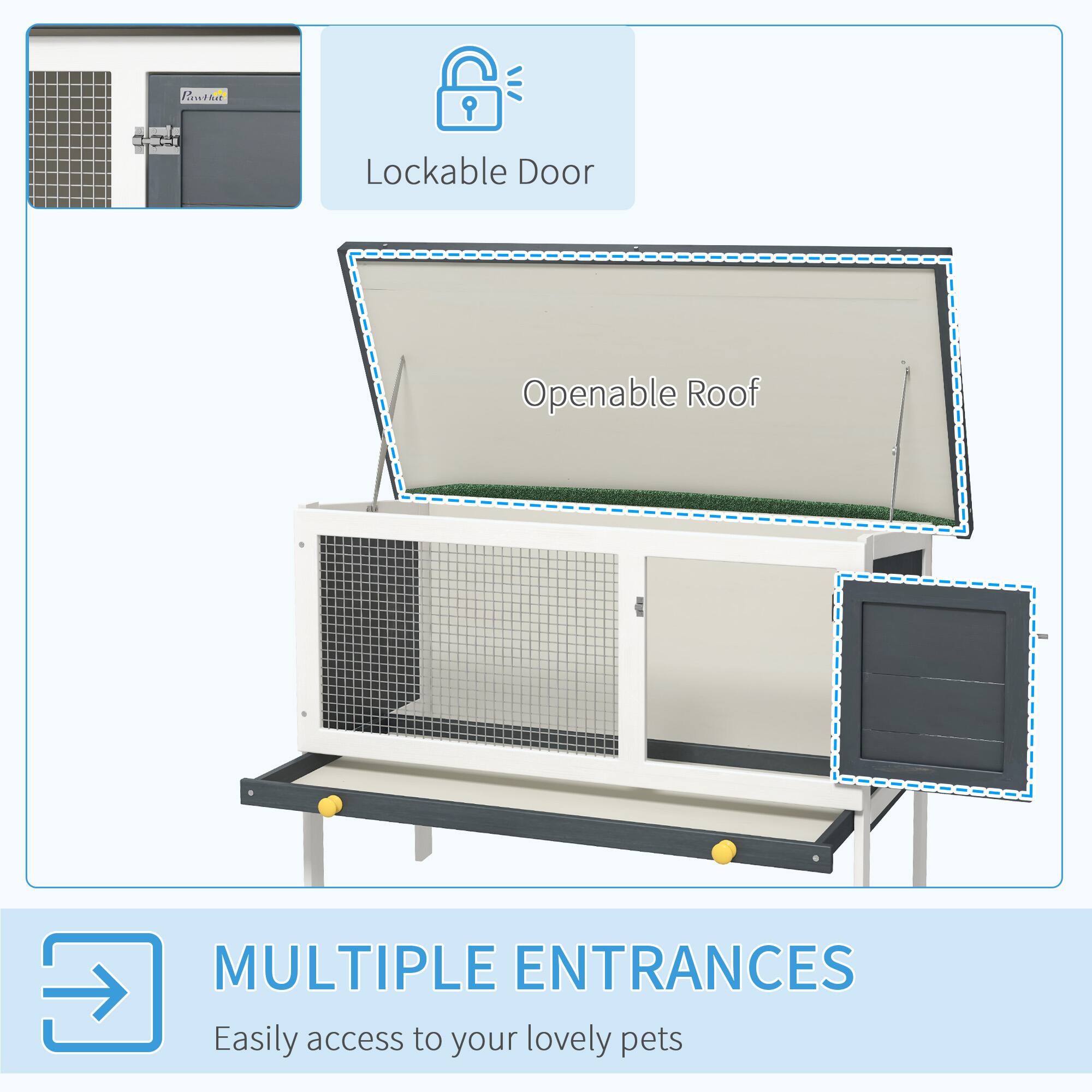 - Lockable Door
- Openable Roof
- MULTIPLE ENTRANCES
- Easily access to your lovely pets