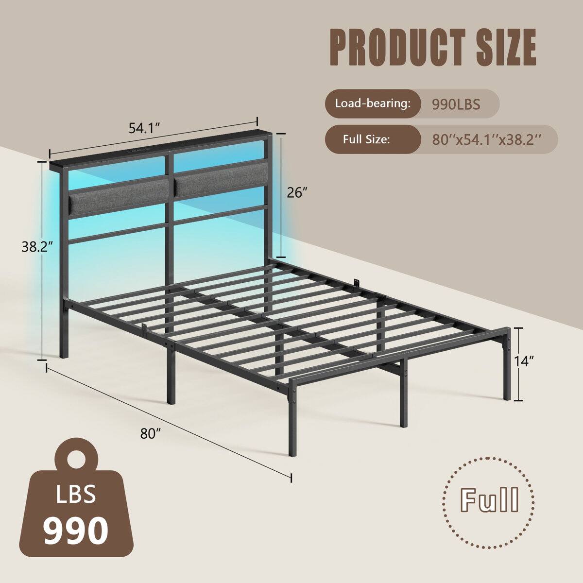 PRODUCT SIZE  
Load-bearing: 990LBS  
Full Size: 80"x54.1"x38.2"  
26" 38.2" 14" 80"  
LBS 990  
Full