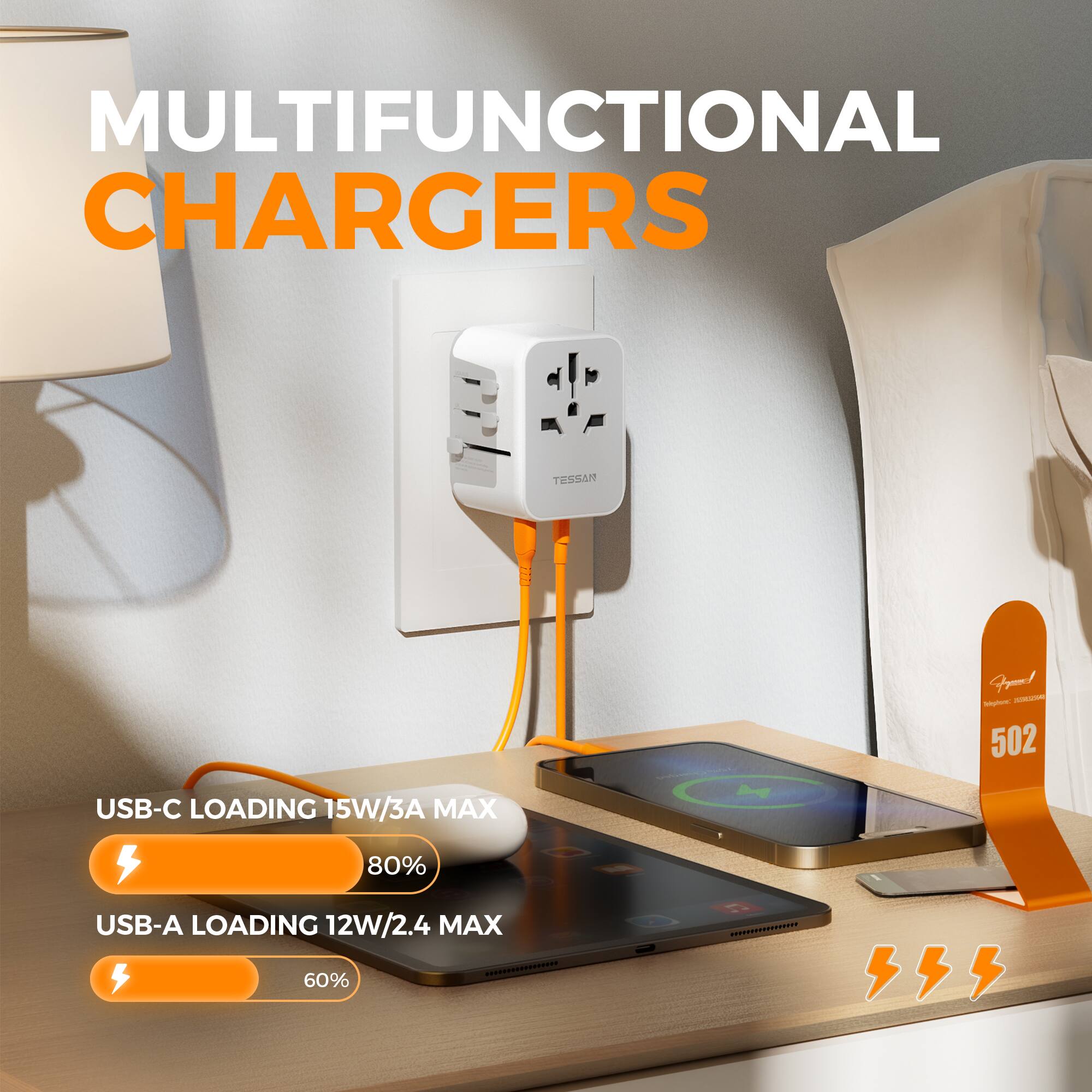 MULTIFUNCTIONAL CHARGERS

TESSAN 502

USB-C LOADING 15W/3A MAX 80%
USB-A LOADING 12W/2.4 MAX 60%