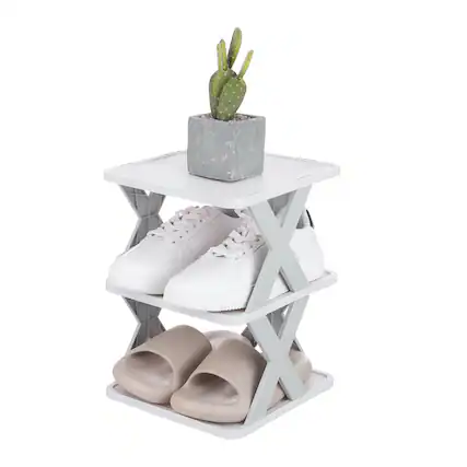 Front. Unique Bargains - 3-Tier Plastic Shoe Rack, Vertical Stackable Folding Narrow Shelf for Closet Entryway Garage - Gray/White.