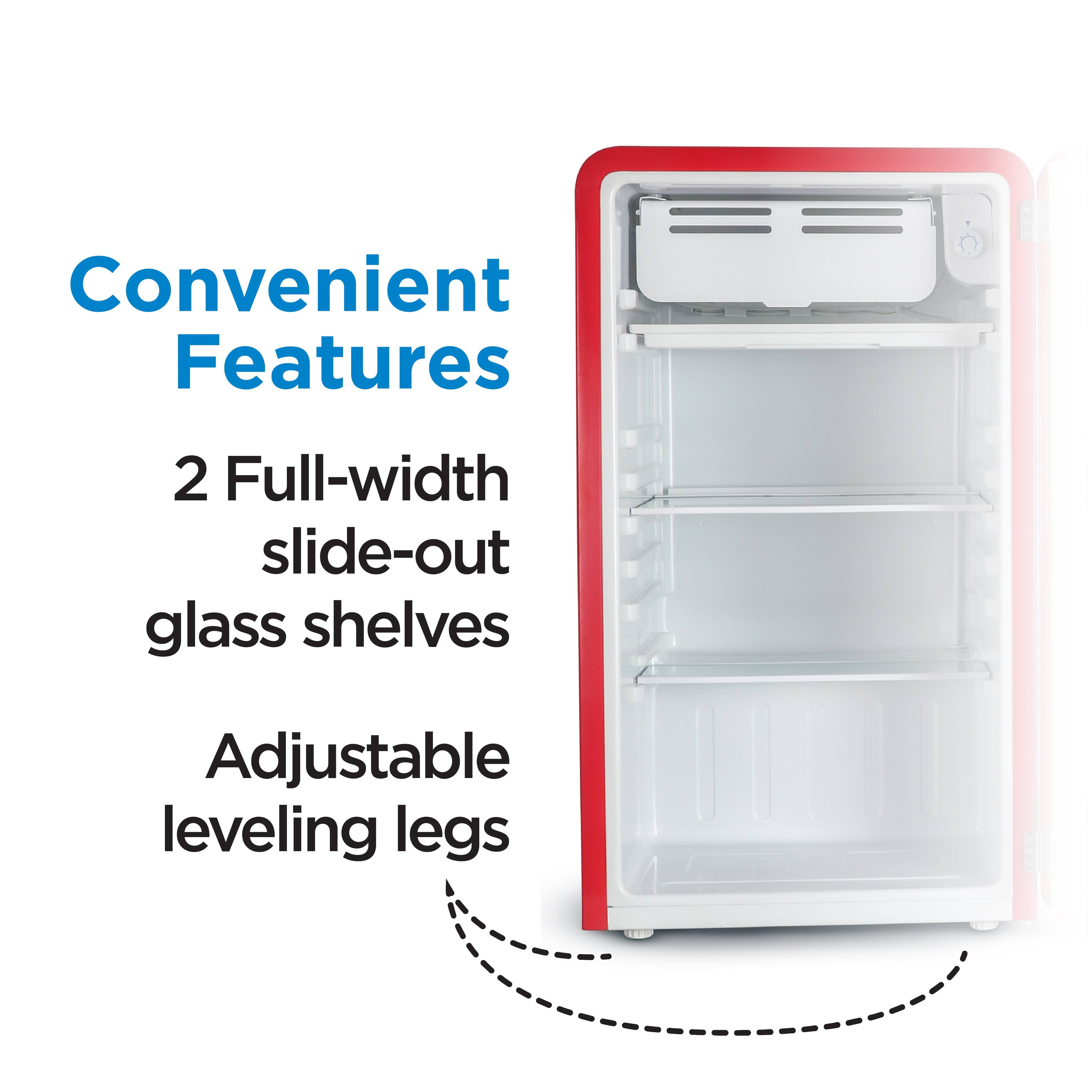 Convenient Features:
2 Full-width slide-out glass shelves
Adjustable leveling legs