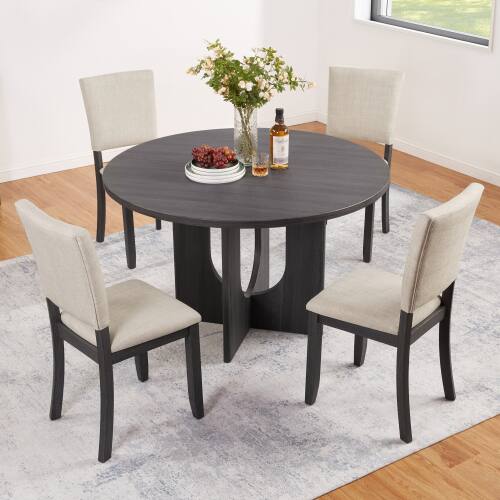 Angle. LUCKY ONE - 5-Piece Dining Set with 47.3" Round Dining Table and 4 Upholstered Chairs - Antique Black,Beige.
