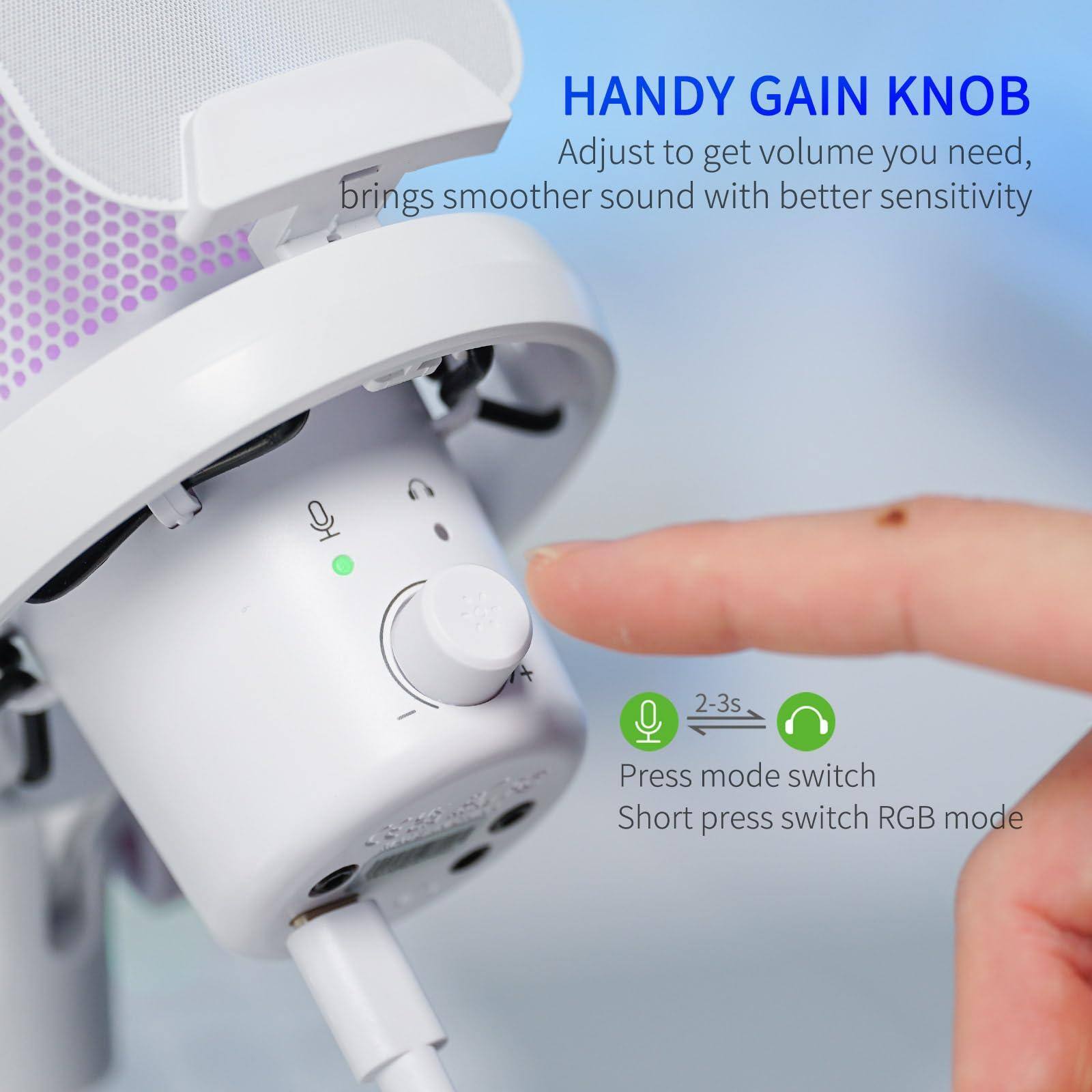 HANDY GAIN KNOB  
Adjust to get volume you need, brings smoother sound with better sensitivity  

Press mode switch  
Short press switch RGB mode