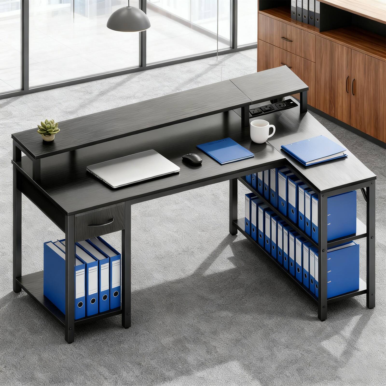 Left. AENKYO - 47" L-Shaped Gaming Desk Computer Desk with Power Outlets, LED Lighting and Monitor Stand - Black.