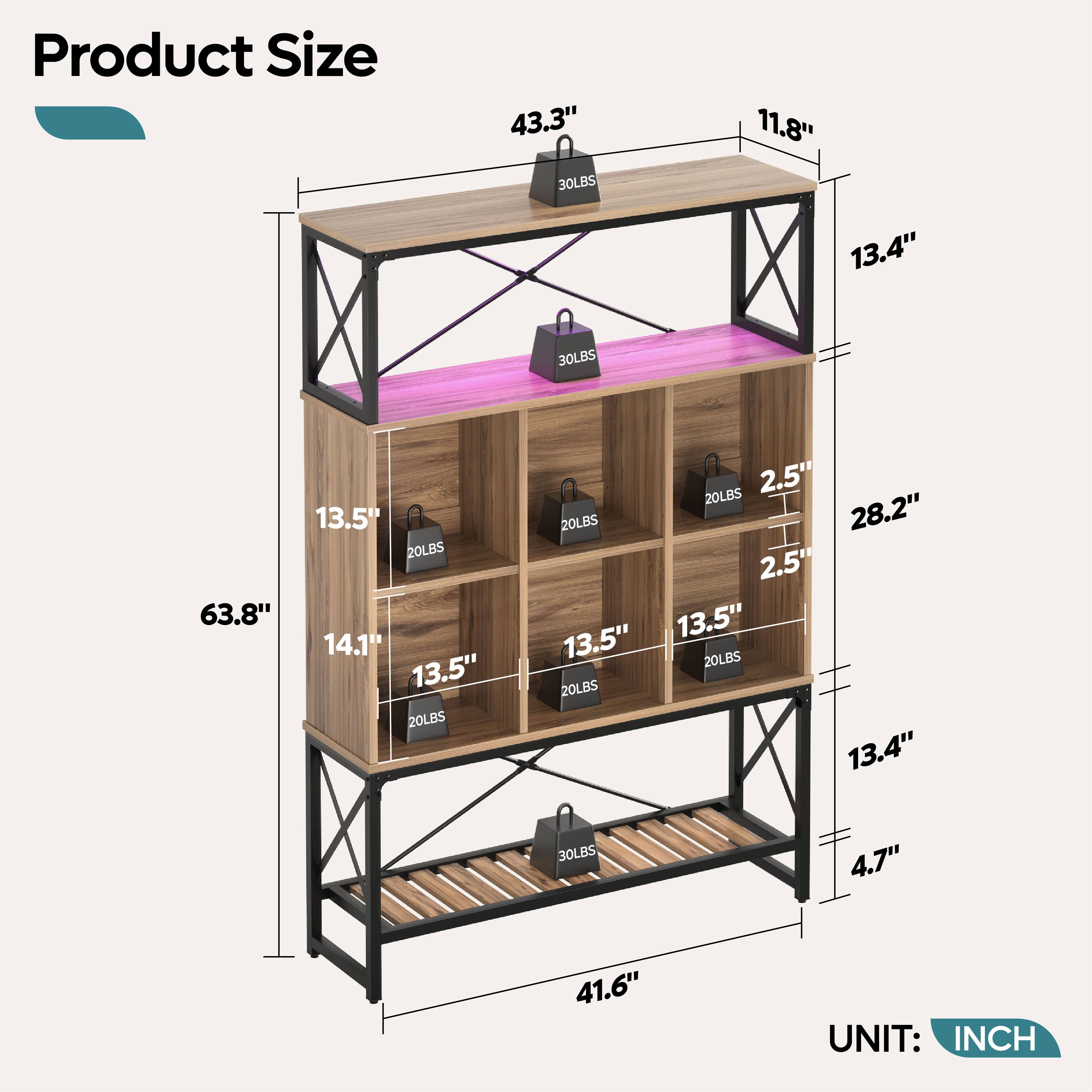 Product Size: 43.3", 11.8", 13.4", 63.8", 14.1", 2.5", 28.2", 4.7", 41.6"  
Weight: 30LBS, 20LBS