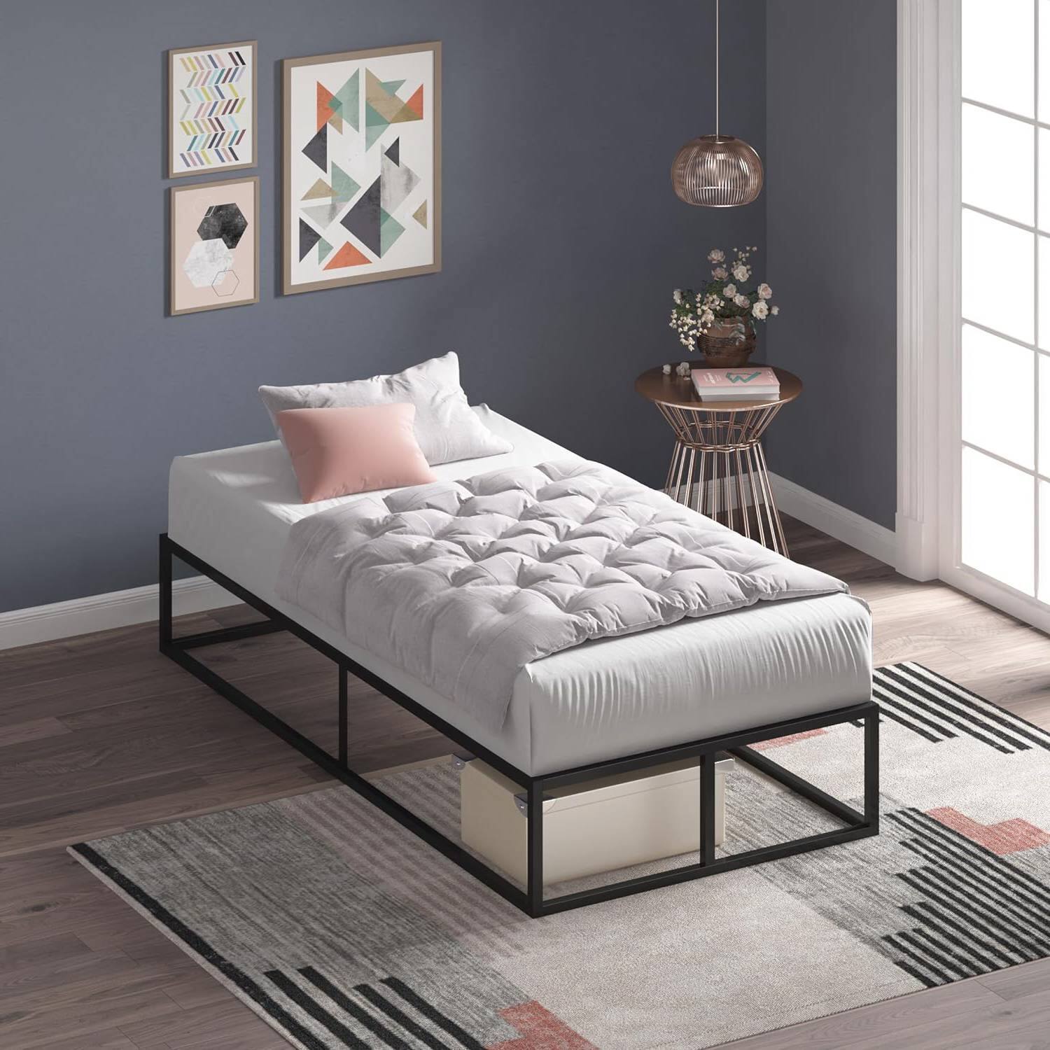 Angle. Hivvago - Twin size 10-inch Low Profile Modern Metal Wood Slat Platform Bed Frame - Black.