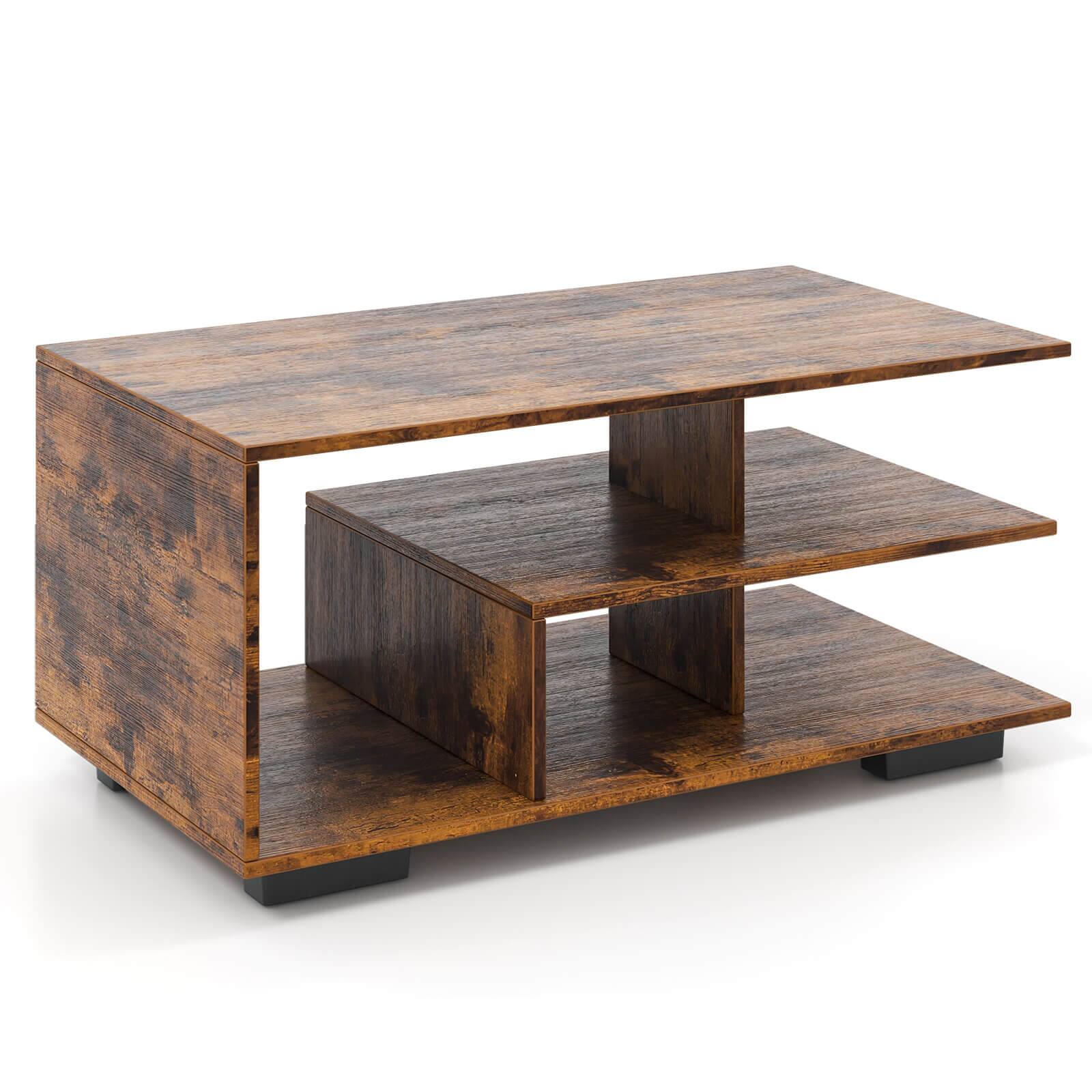 Alt View 17. Costway - Geometric Coffee Table w/ Storage Shelves 3-Tier Rectangular Tea Table - Rustic Brown.