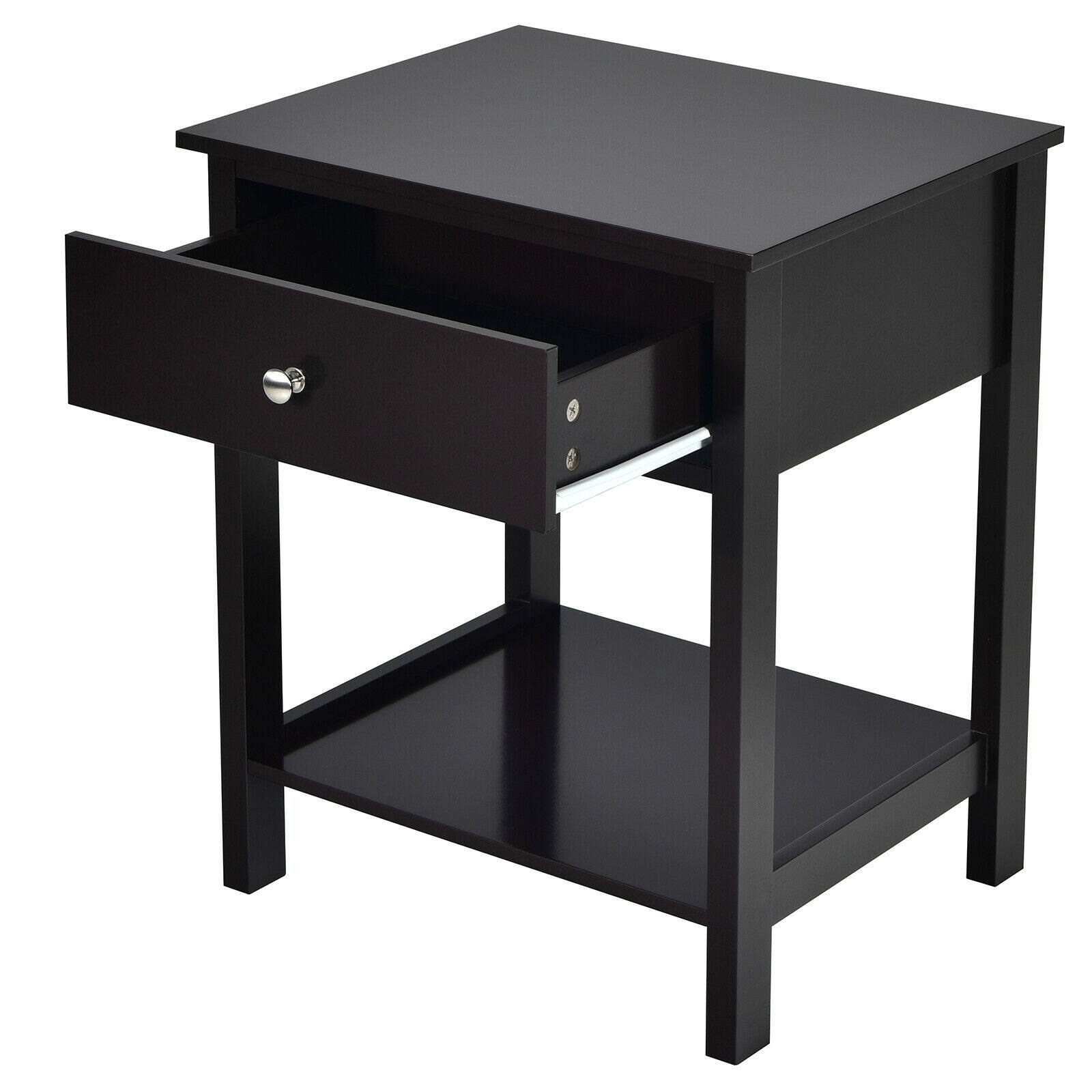 Left. WELLFOR - Wooden Nightstand with Drawer and Storage Shelf for Bedroom & Living Room - Black.