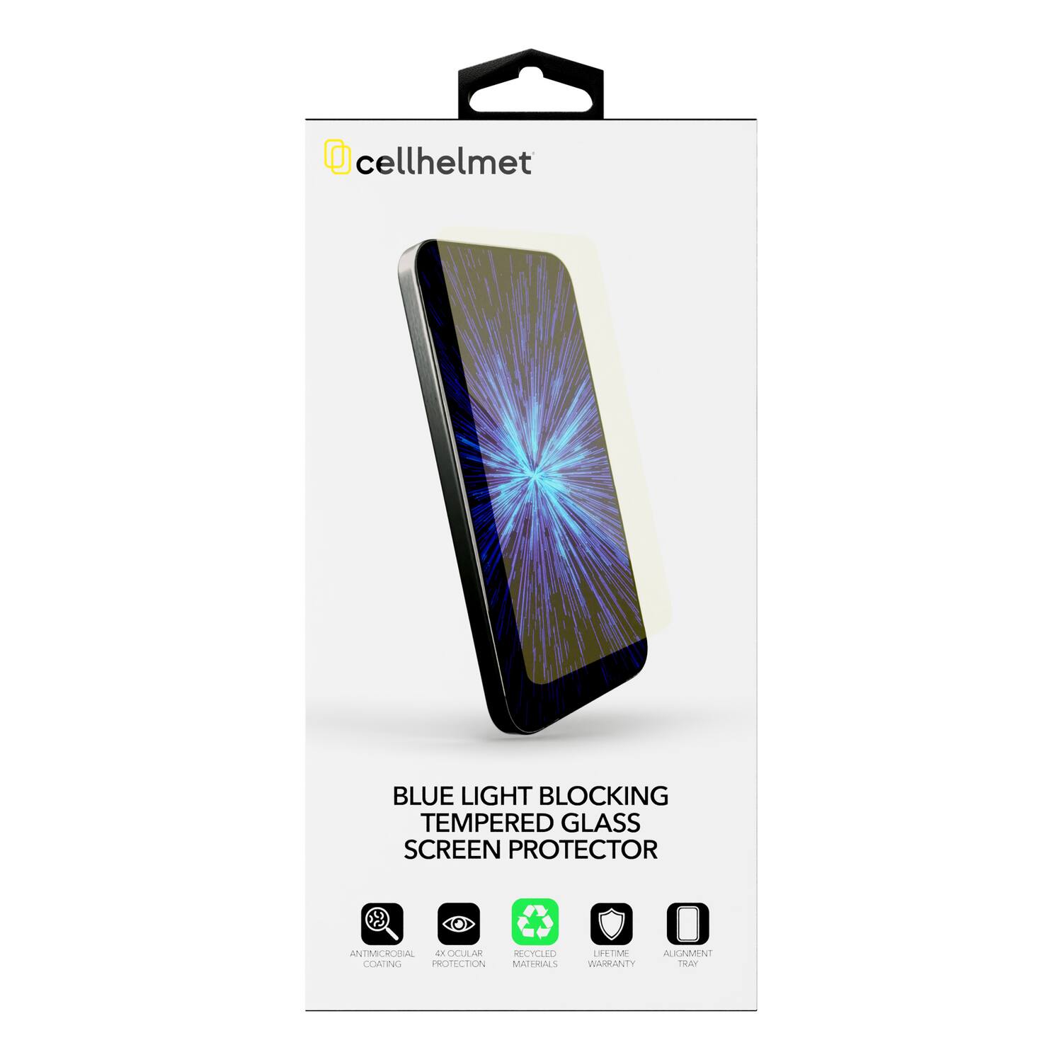 cellhelmet BLUE LIGHT BLOCKING TEMPERED GLASS SCREEN PROTECTOR ANTIMICROBIAL OCIAAE RECYCLED COATING PROTECTION LIFETIME ALIGNMENT WARRANTY