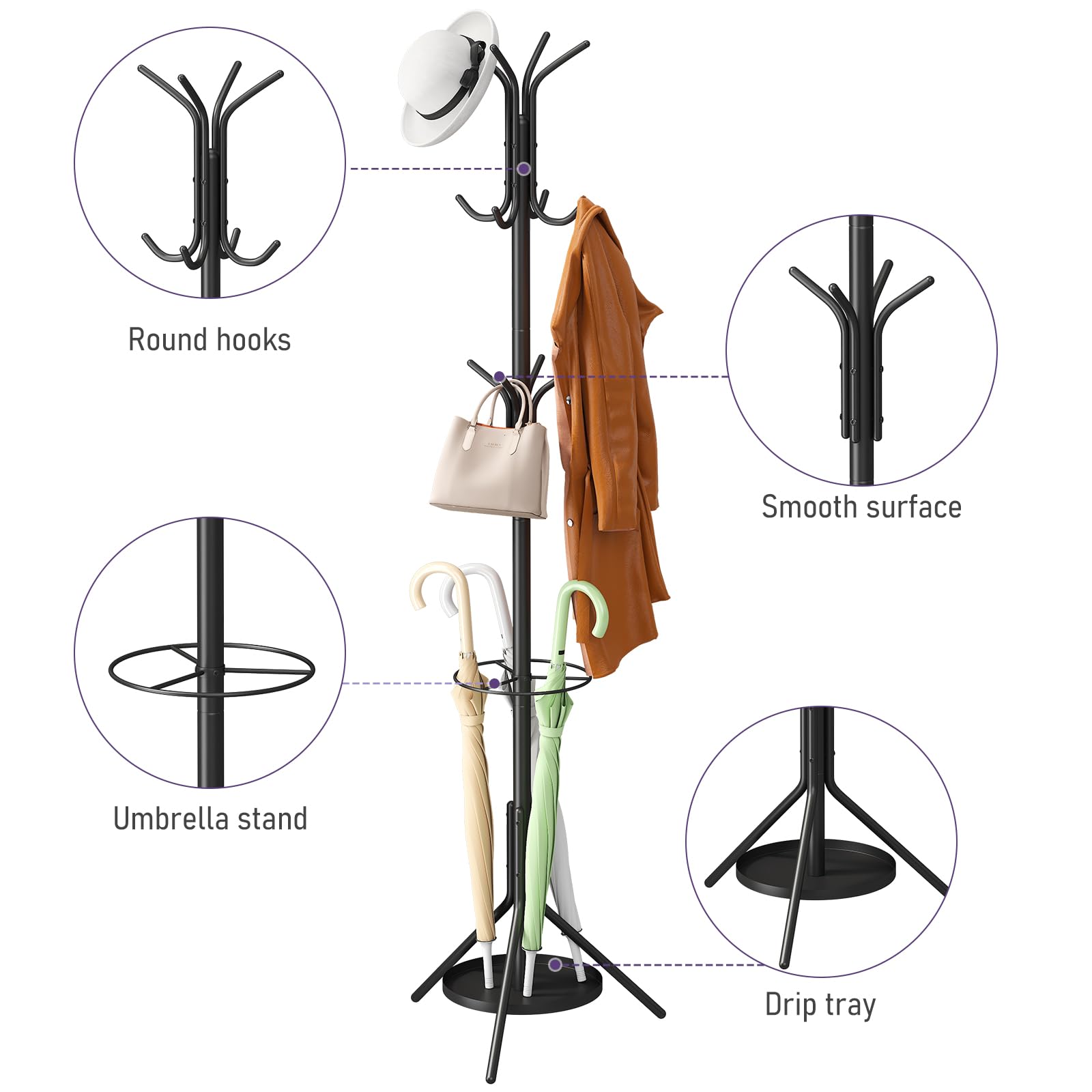 - Round hooks
- Smooth surface
- Umbrella stand
- Drip tray