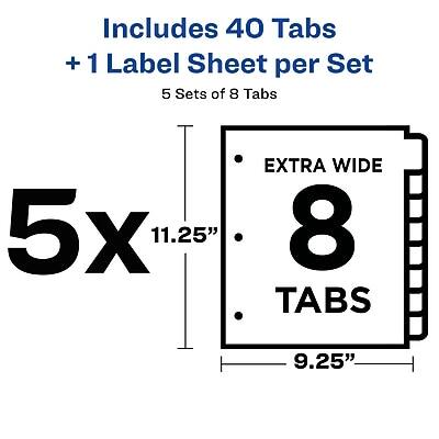 Includes 40 Tabs + 1 Label Sheet per Set  
5 Sets of 8 Tabs  
5x 11.25"  
EXTRA WIDE  
8 Tabs  
9.25"