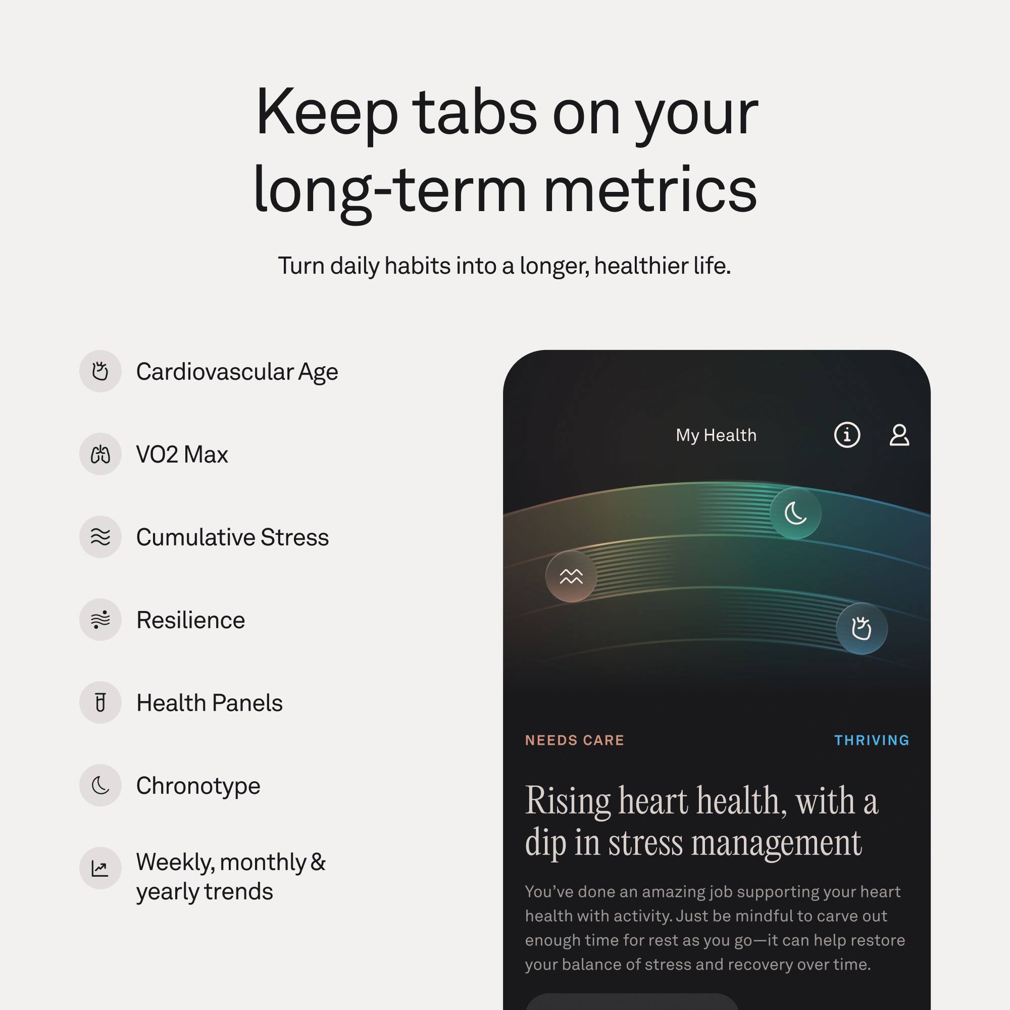 Keep tabs on your long-term metrics  
Turn daily habits into a longer, healthier life.

- Cardiovascular Age
- VO2 Max
- Cumulative Stress
- Resilience
- Health Panels
- Chronotype
- Weekly, monthly & yearly trends

NEEDS CARE | THRIVING

Rising heart health, with a dip in stress management

You've done an amazing job supporting your heart health with activity. Just be mindful to carve out enough time for rest as you go—it can help restore your balance of stress and recovery over time.