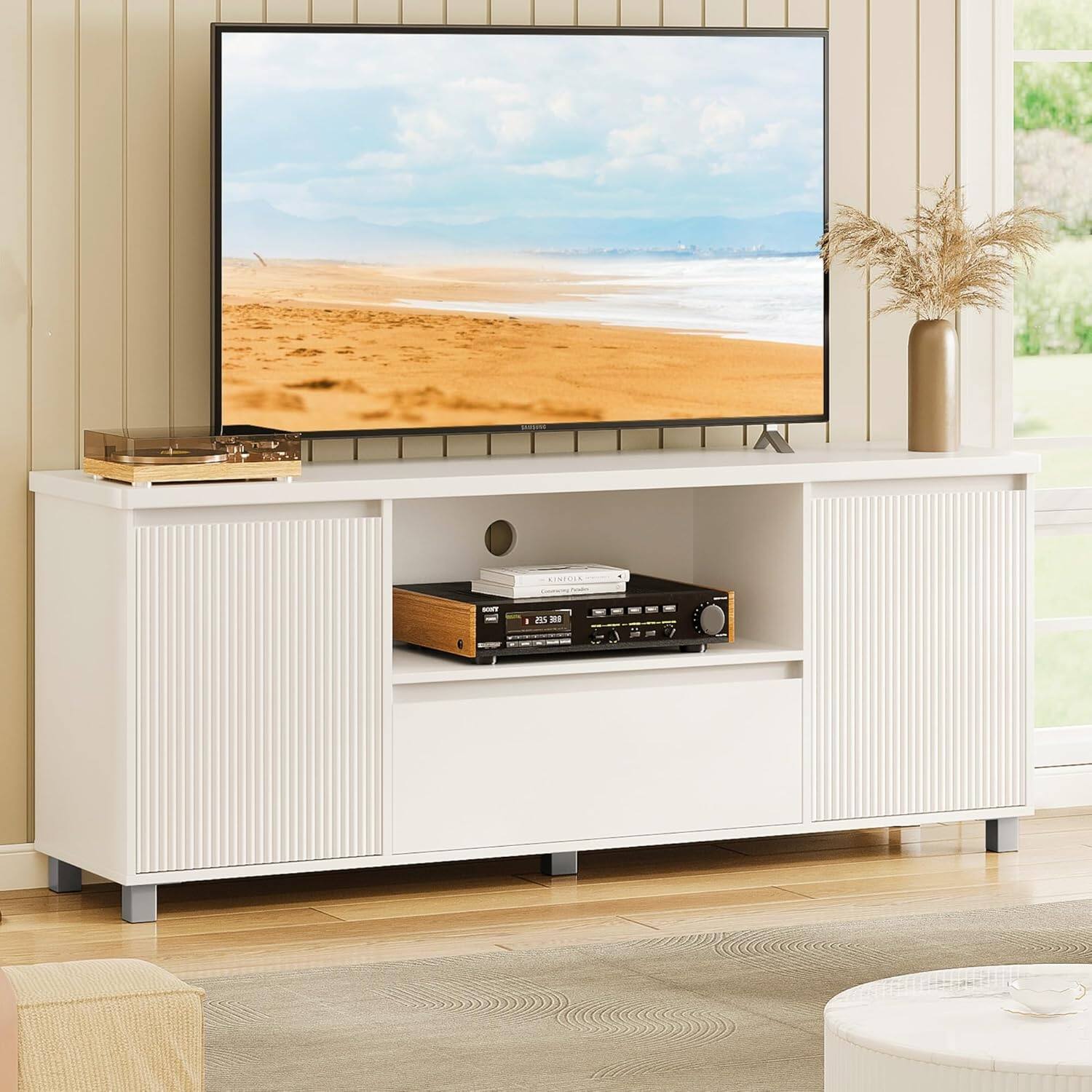 Front. GAOMON - TV Stand for 70" TV, Modern Entertainment Center with Drawer Shelves, Fluted TV Console Media Cabinet for Living Room - white.